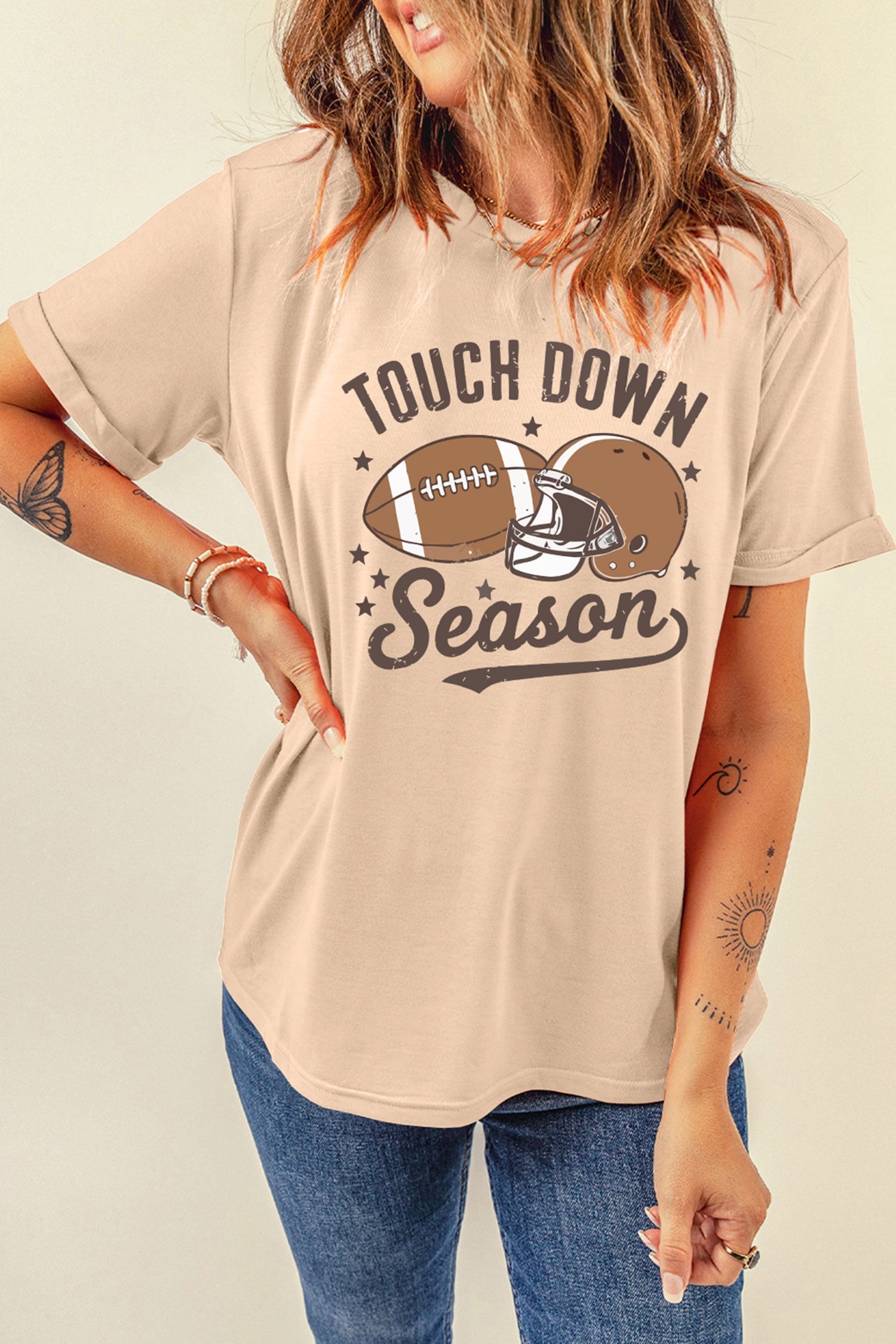 Khaki TOUCH DOWN Season Rugby Print Round Neck T-Shirt