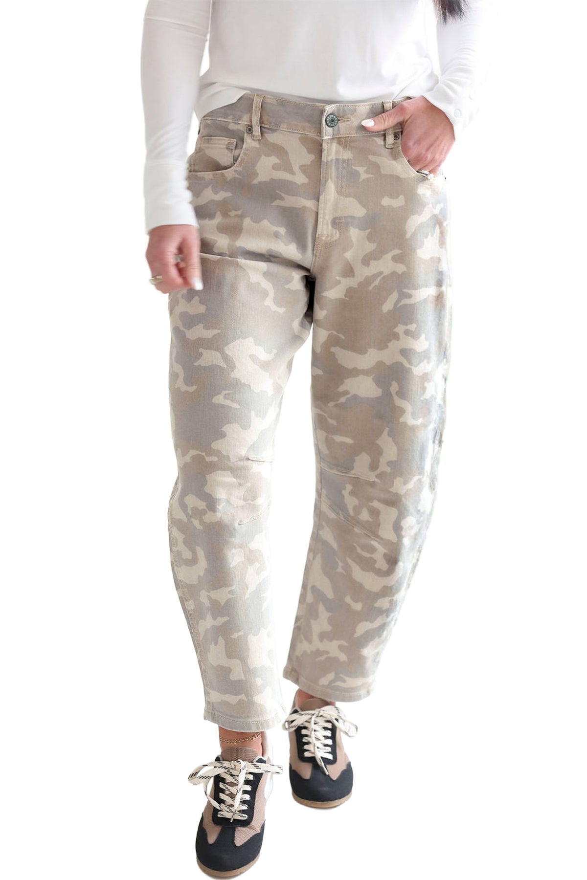 Khaki Camouflage Pattern Pocket Rivet Detail Ankle-Length Harem Fit Jeans