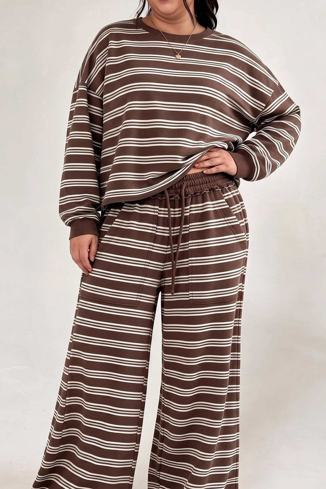 Brown Stripe Drop Shoulder Long Sleeve Top Drawstring Elastic Waist Loose Pants Plus Size Outfit
