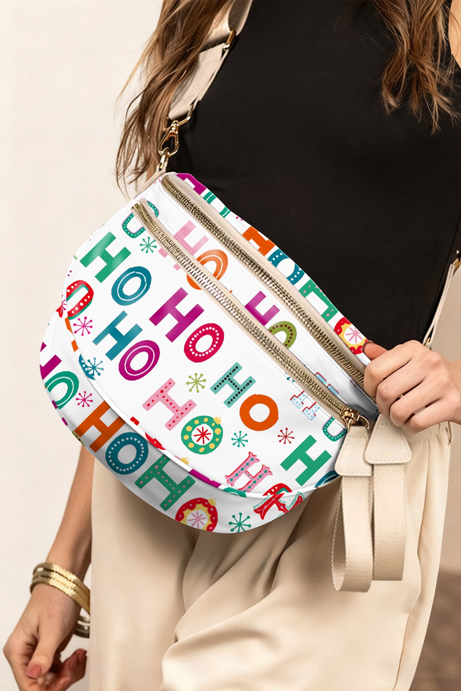 White Christmas Theme Printed Double Zip PU Leather Crossbody Bag