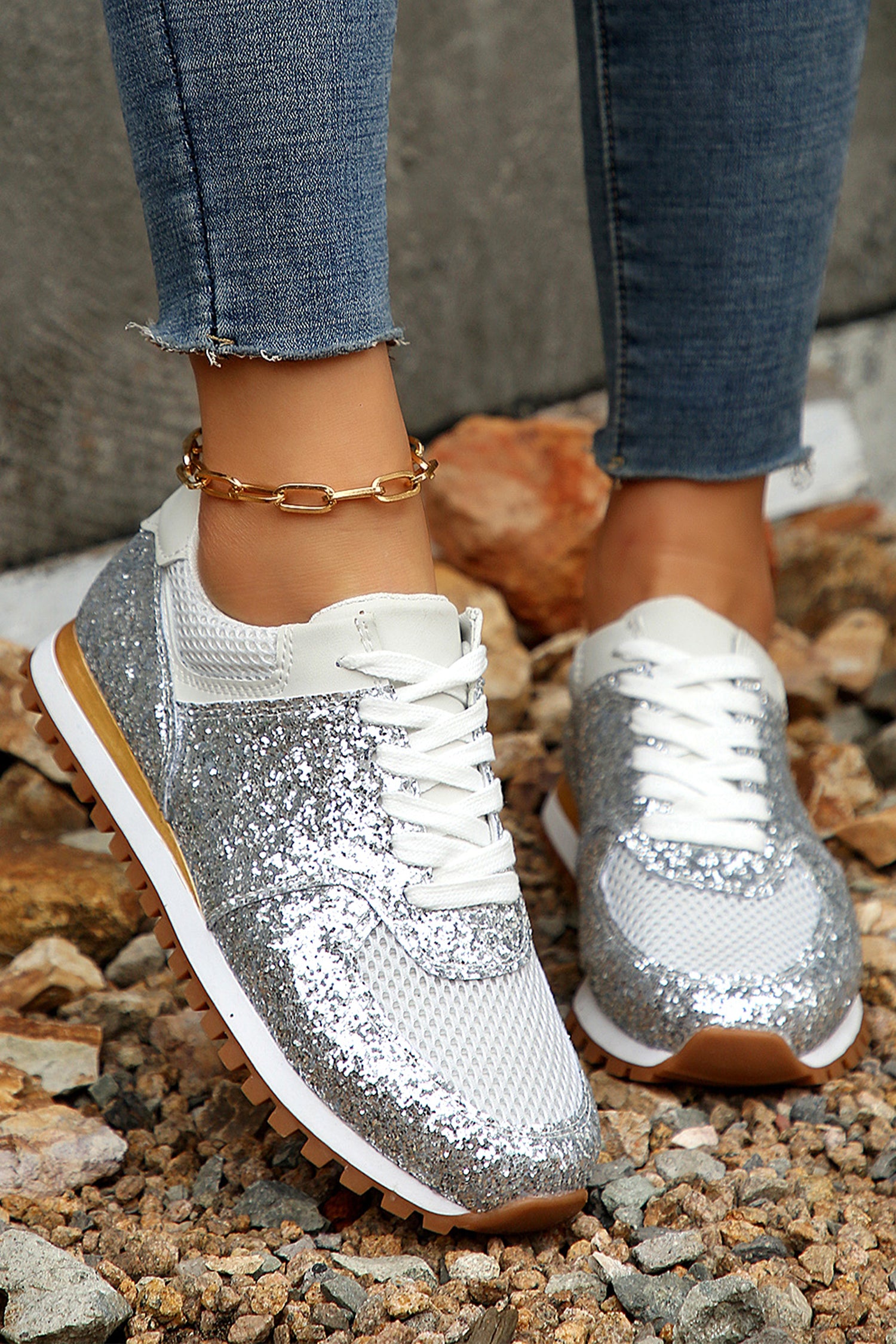 Silvery Sequin Mesh Patchwork Lace Up Sneakers