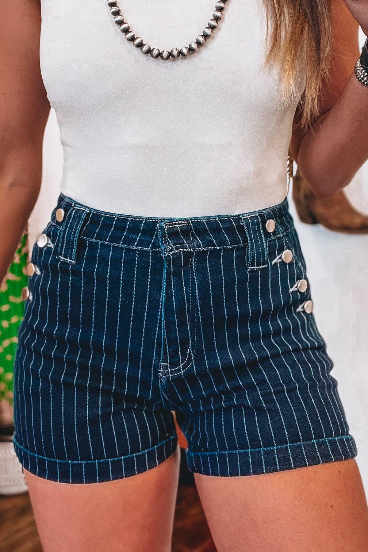 Blue Stripe Metal Button Detail Womens Denim Shorts