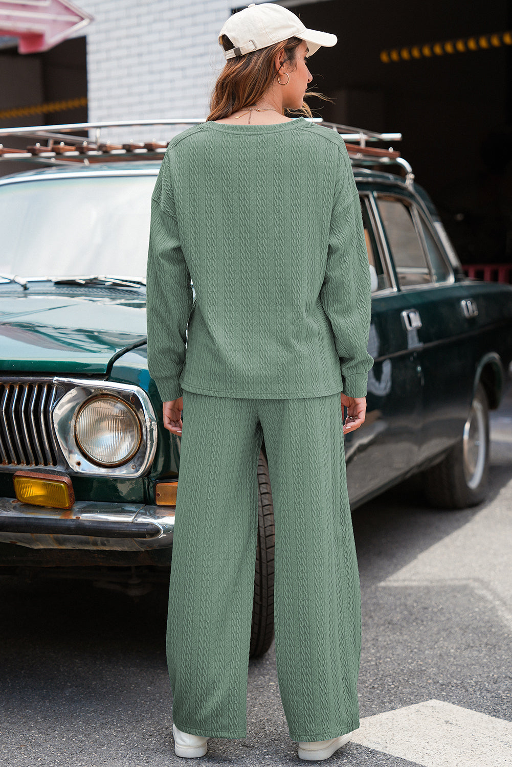 Smoke Green Textured Round Neck Sweatshirt & Loose Drawstring High Waist Pant Set