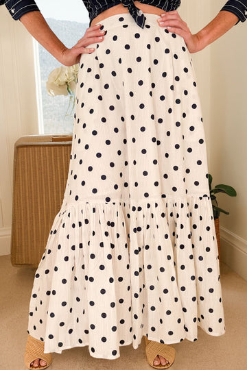 White Polka Dot Ruffled Slit Maxi Skirt