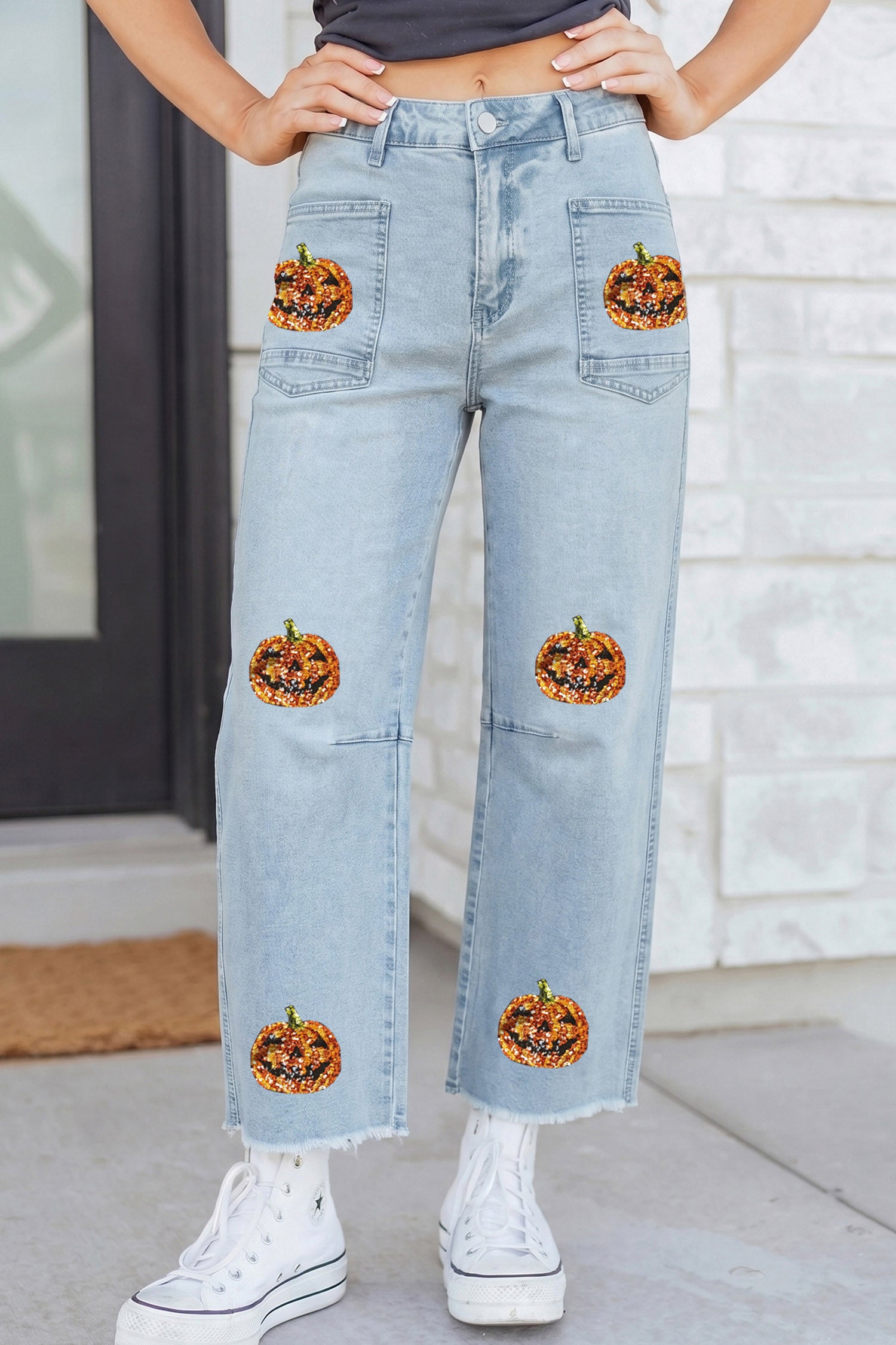 Beau Blue Sequin Pumpkin Face Patchwork Halloween Jeans