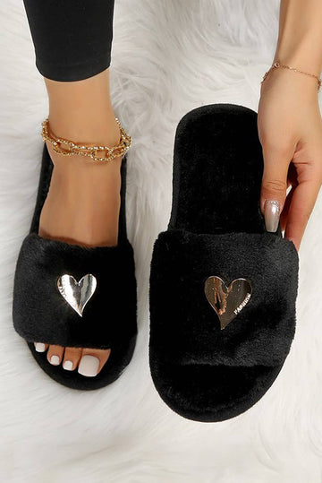 Black Heart Shape Buckle Decor Open Toe Plush Slippers