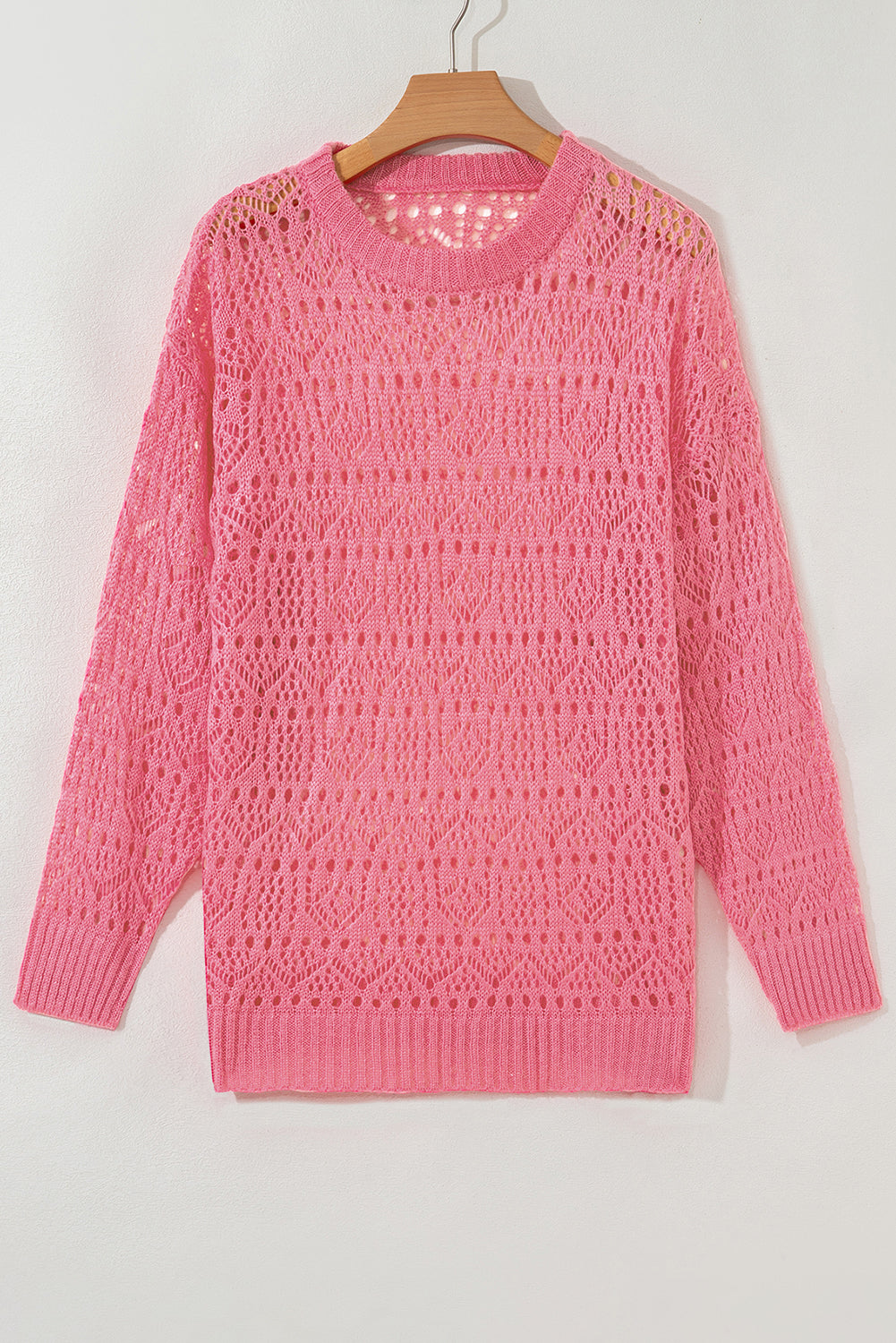 Sachet Pink Stylish Hollowed Pattern Knit Round Neck Sweater