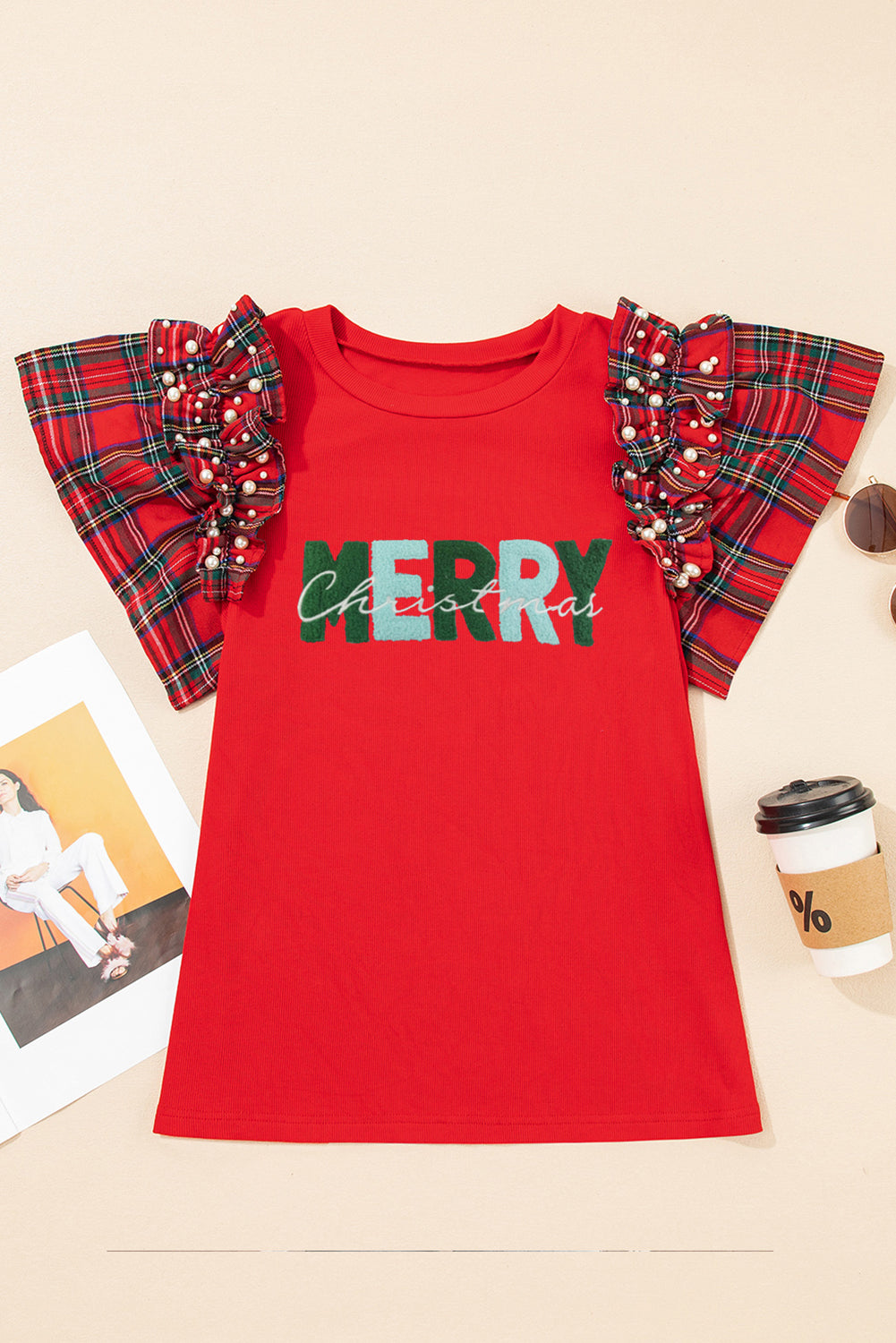 Racing Red MERRY Patched Graphic Pearled Plaid Ruffled Sleeve Patchwork Tee