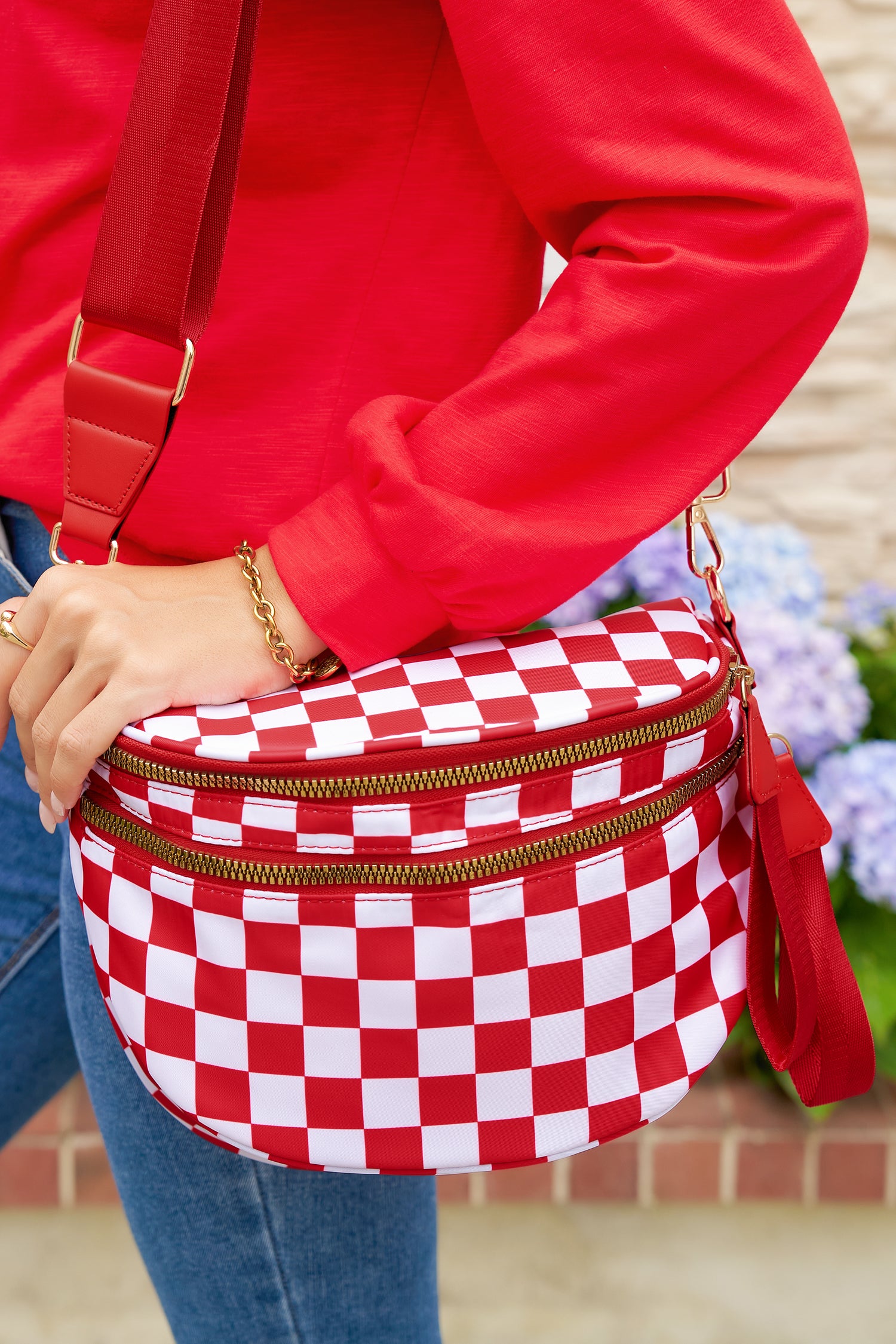 Fiery Red Checkered Print Wide Strap Large Crossbody Bag