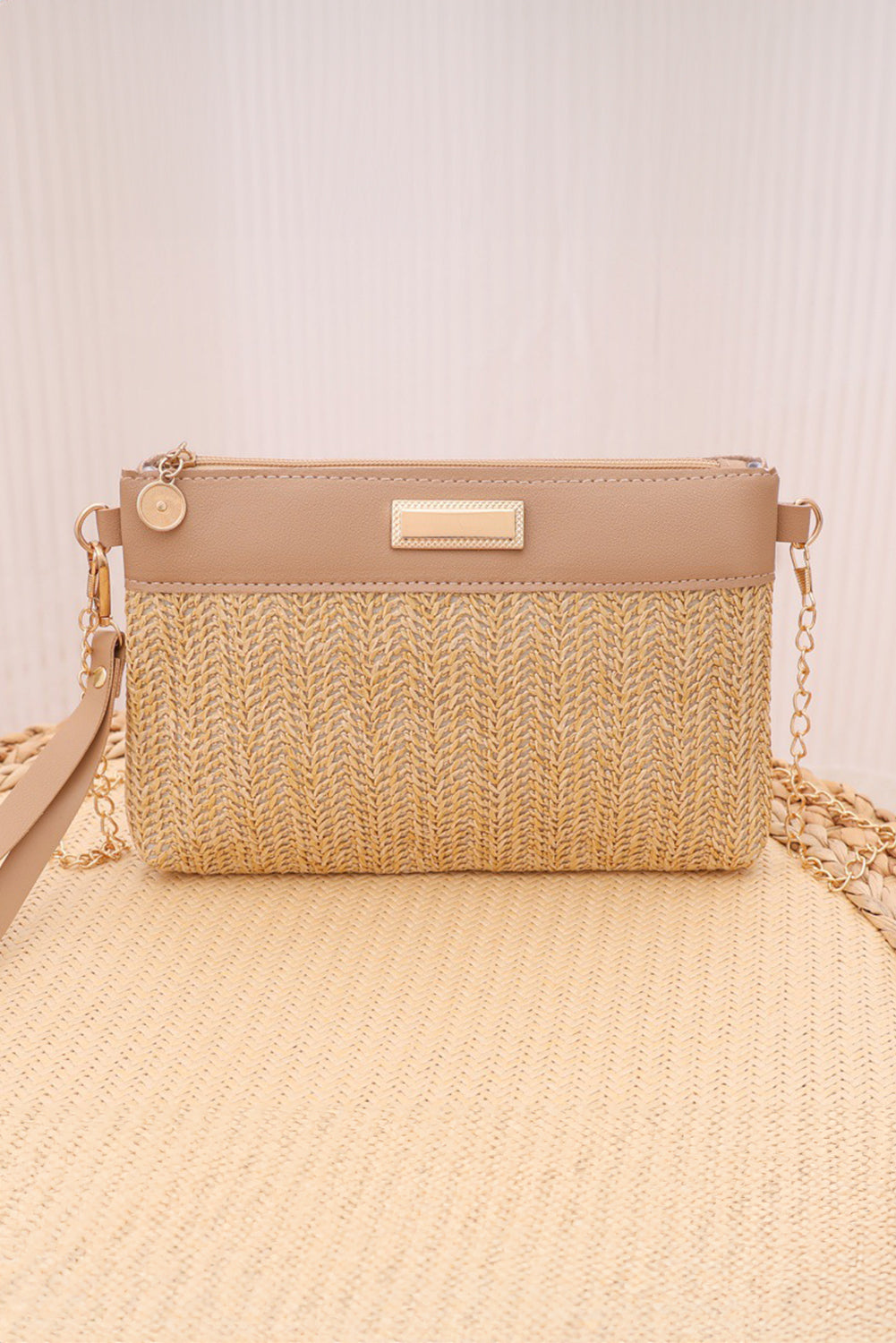 Light French Beige PU Leather Patchwork Faux Straw Woven Single Shoulder Bag