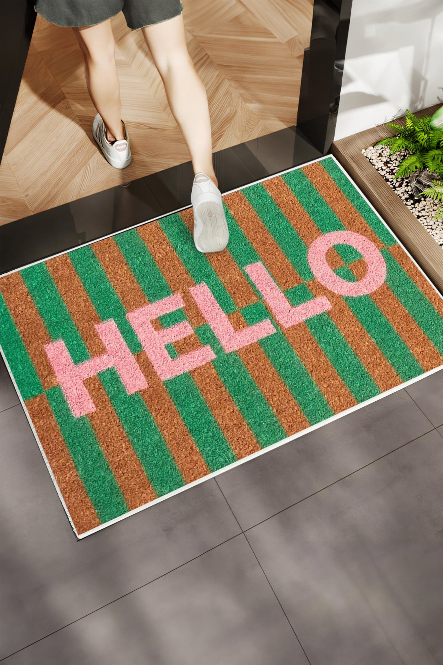 Bright Green Striped Printed HELLO Crystal Velvet Doormat