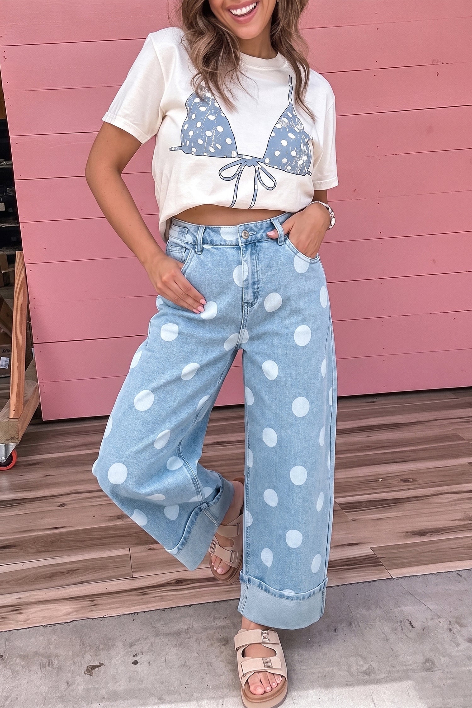 Sky Blue Polka Dot Ankle-Length Metal Button Casual Jeans