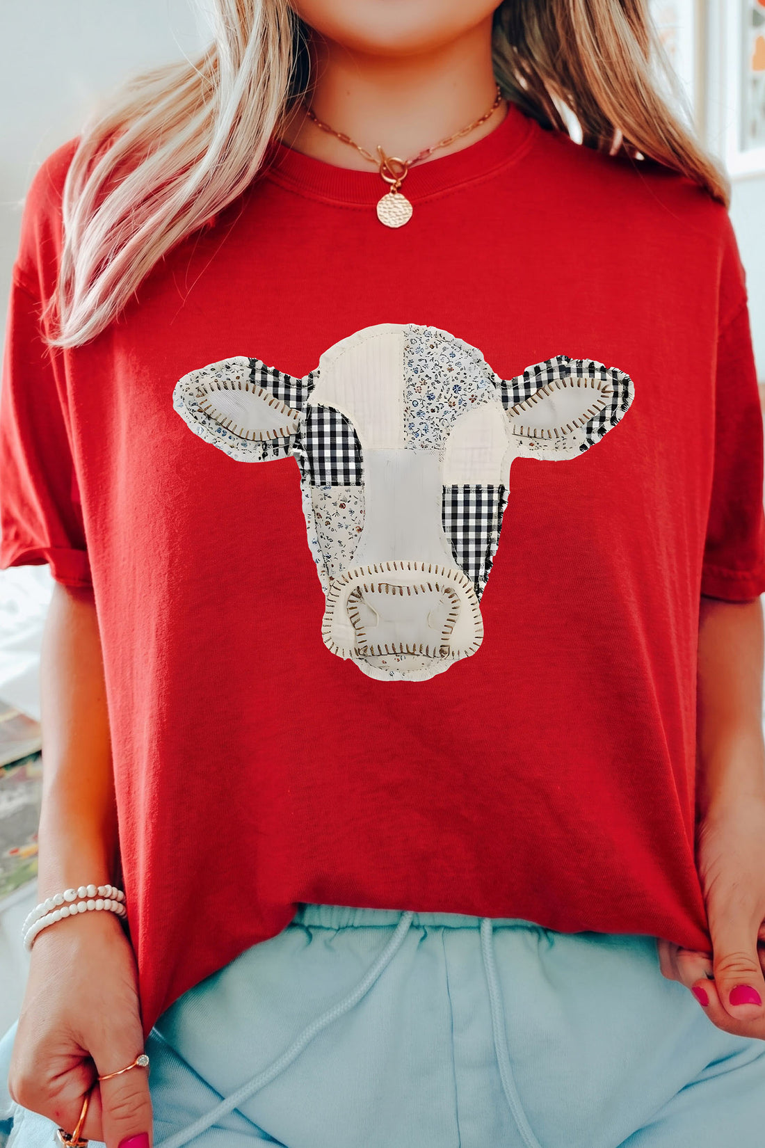 Red Western Patchwork Cow Print Round Neck Casual T Shirt