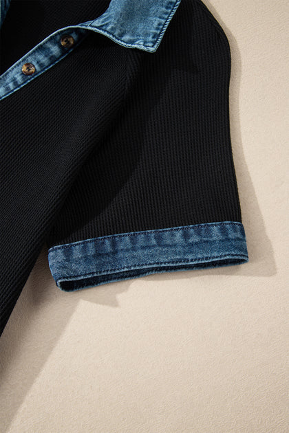 Black Waffle Knit Denim Contrast Trim Patchwork Button Polo Tee Dress