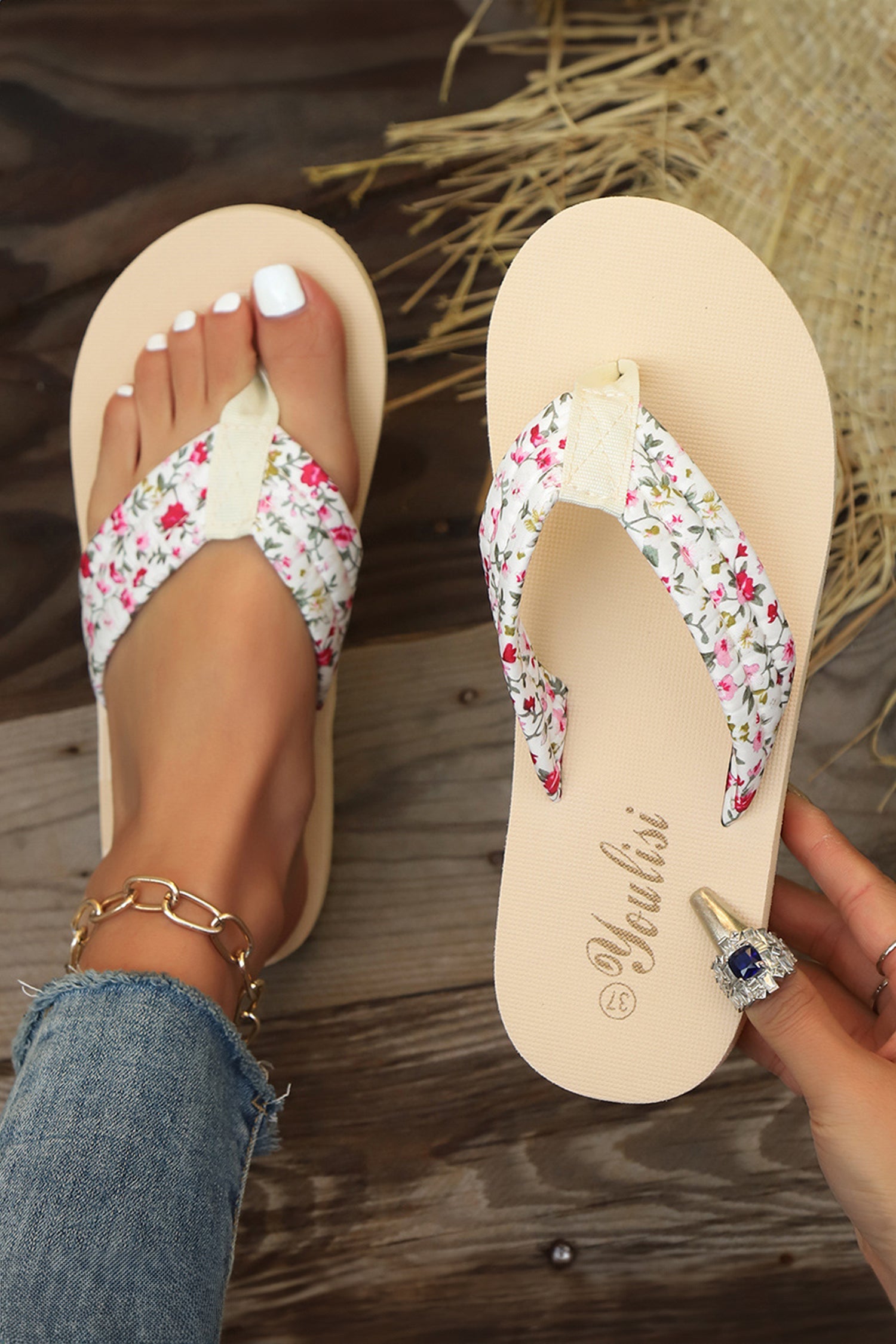 Parchment Quilted Floral Band Comfy Flip Flops