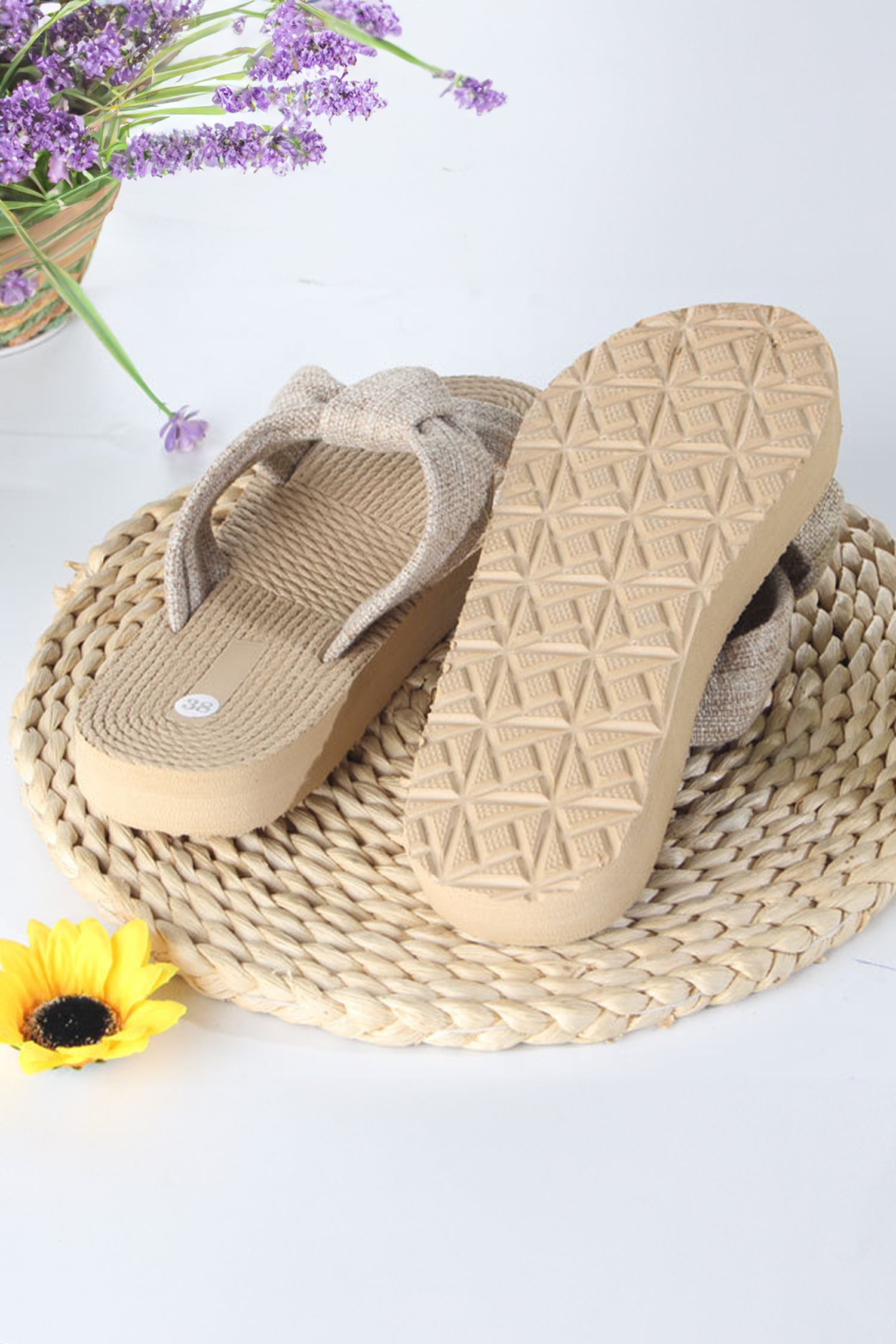 Parchment Boho Linen Bow Raffia Woven Light PVC Slippers