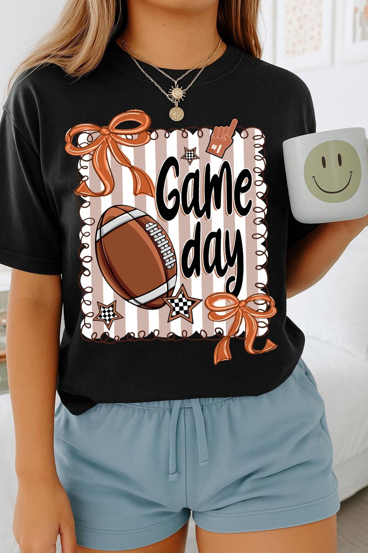 Black Casual Game Day Football Striped Tee