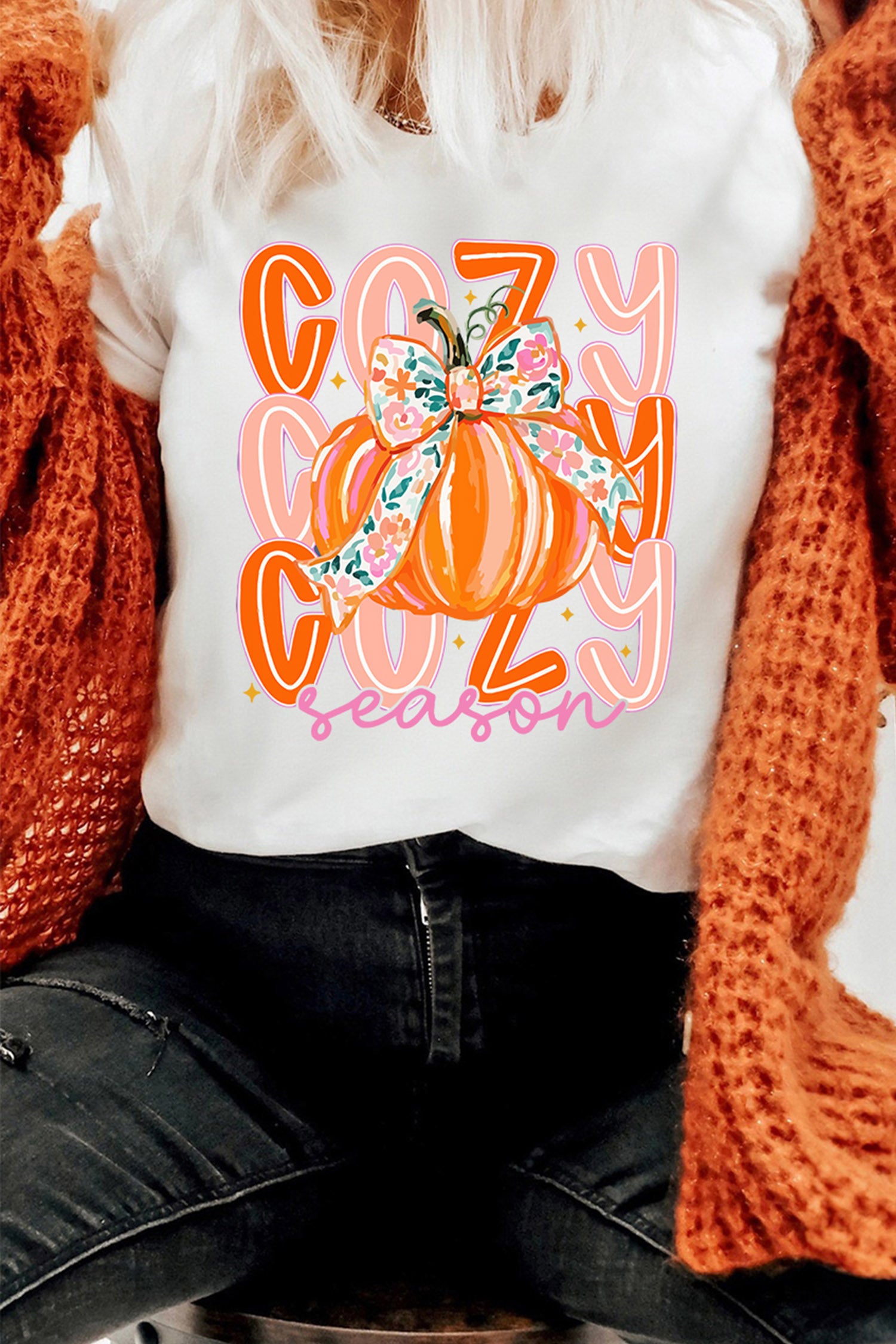 White Cozy Season Pumpkin Graphic Round Neck T-Shirt