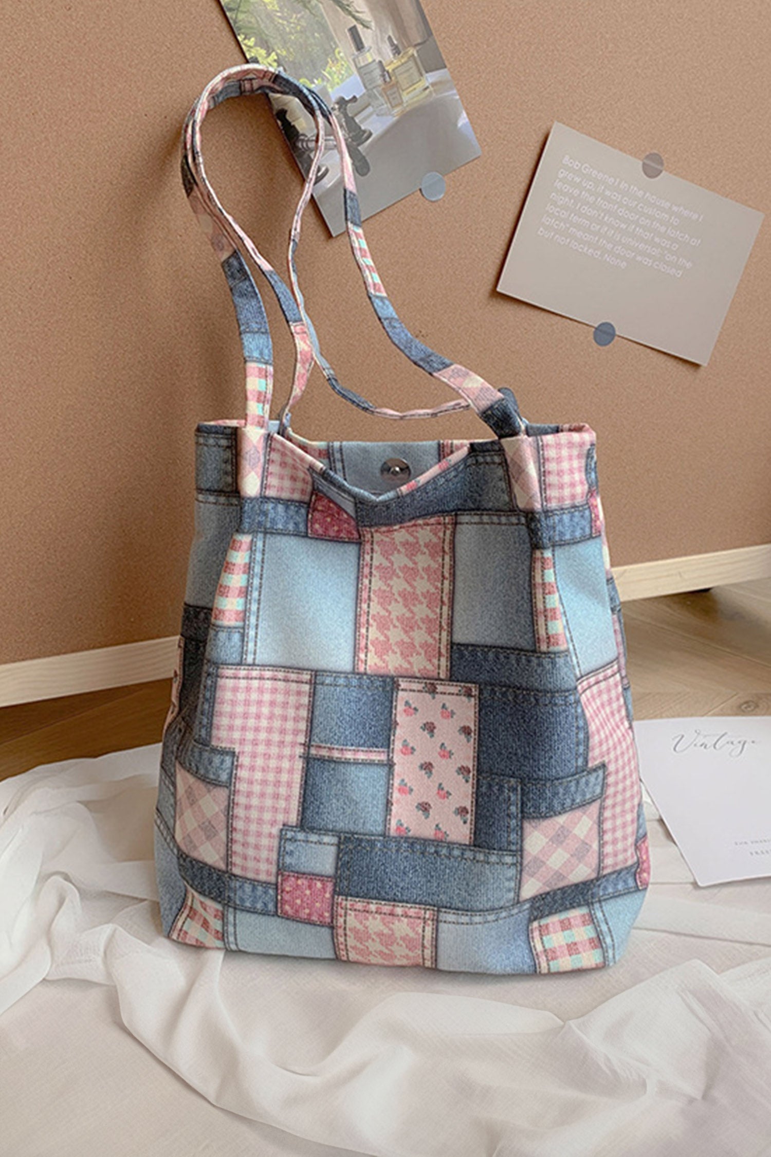 Pink Vintage Plaid Patchwork Print Canvas Tote Bag