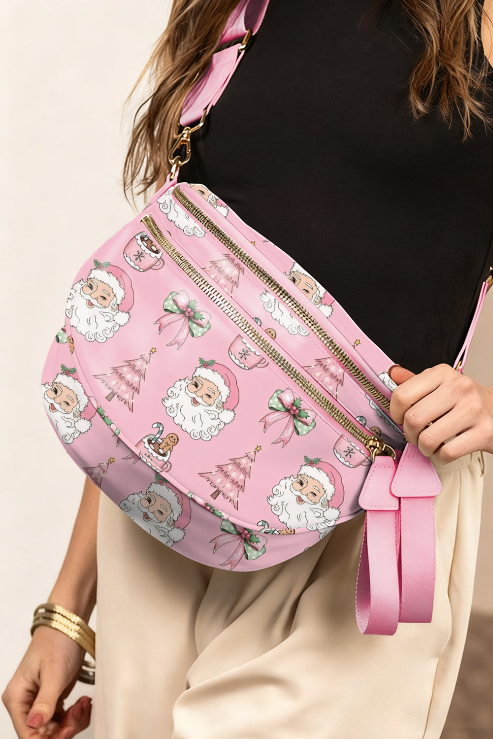 Pink Christmas Theme Double Zip PU Leather Crossbody Bag
