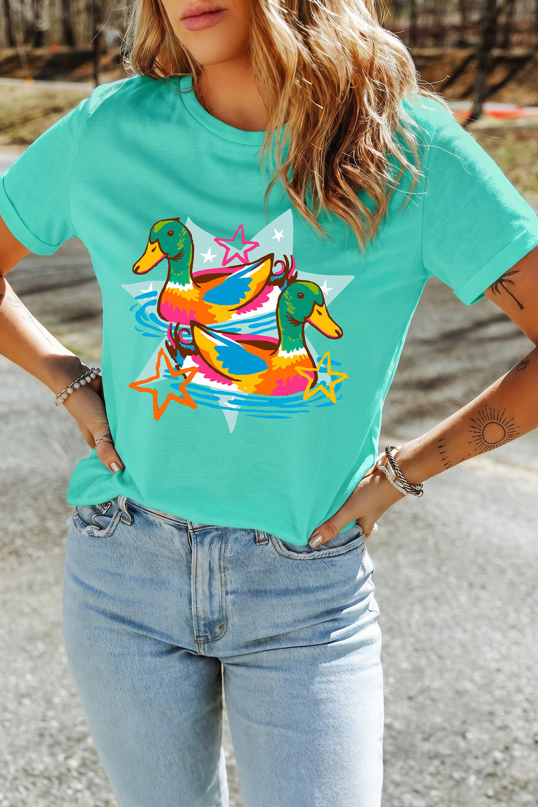 Mint Green Western Duck Graphic Casual Summer T Shirt