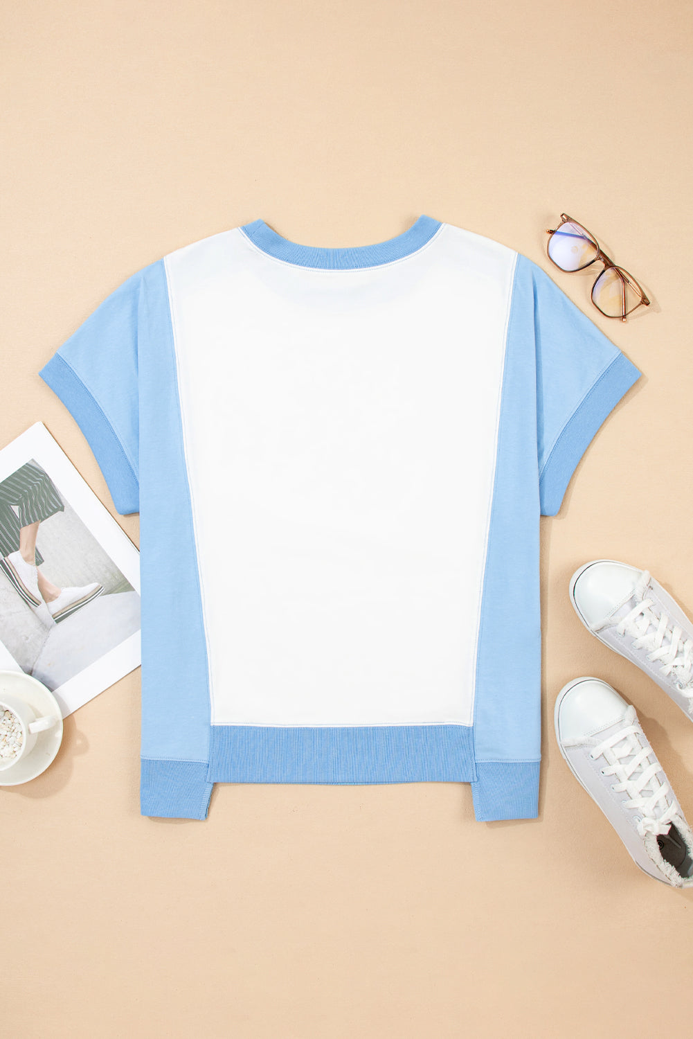 Sky Blue Star Plaid Flower USA Graphic Color Block Crewneck T Shirt