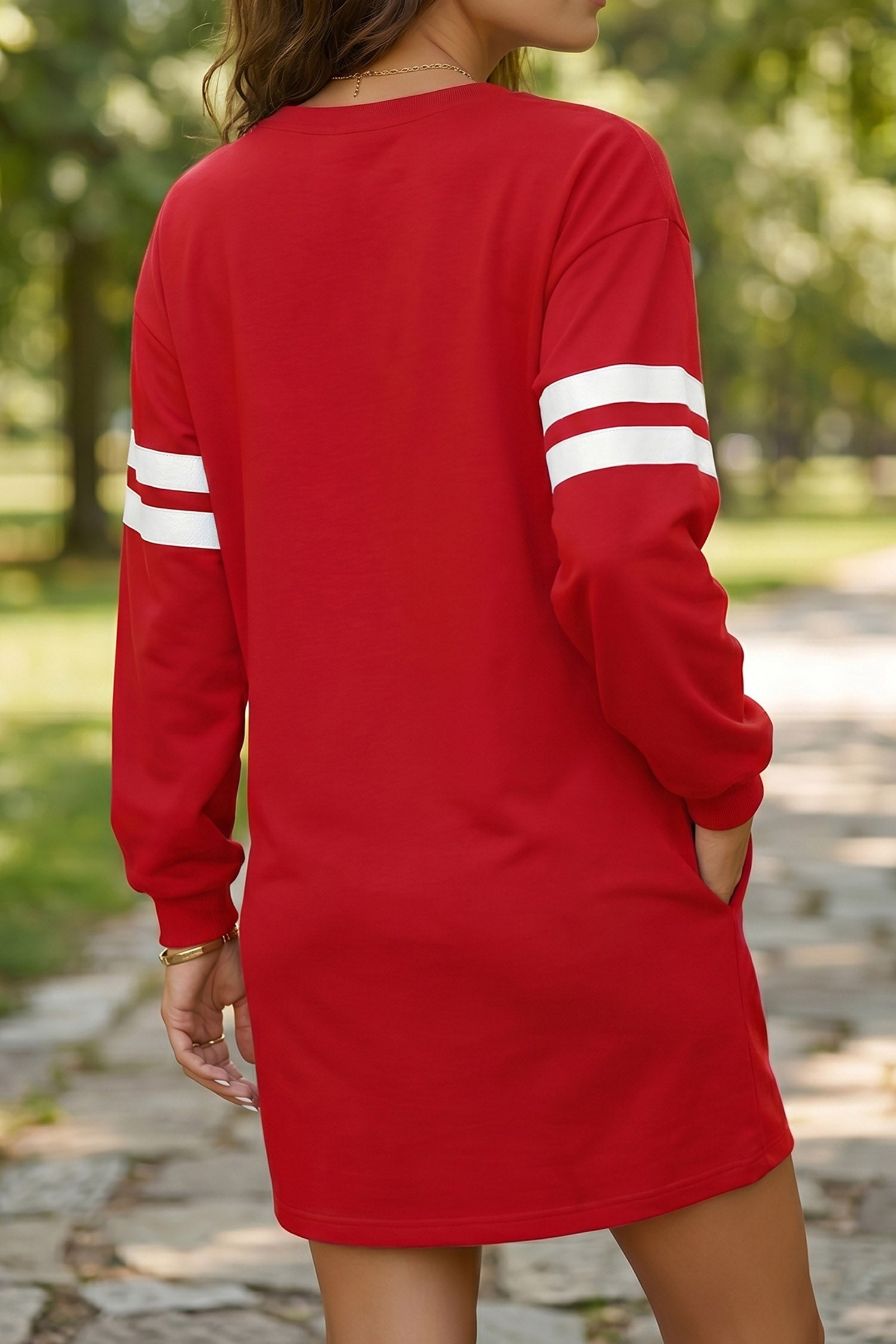 Fiery Red Sequin Rugby Bow Graphic Varsity Striped Sleeve Shift Mini Dress