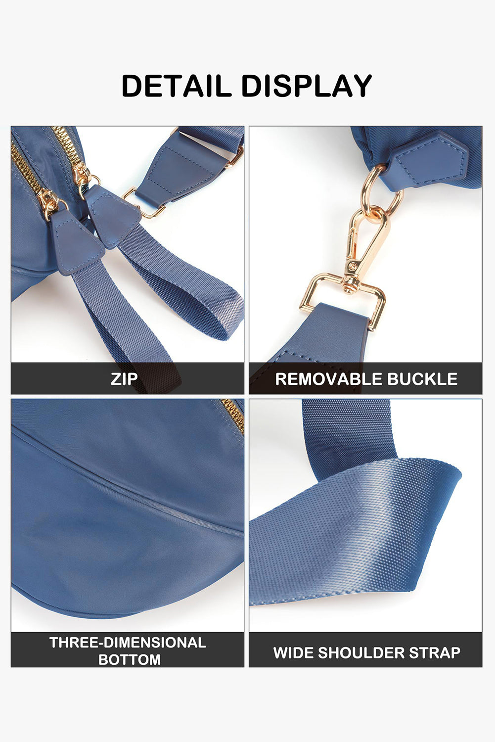 Sail Blue Double Zip Crescent Shape Adjustable Sling Bag