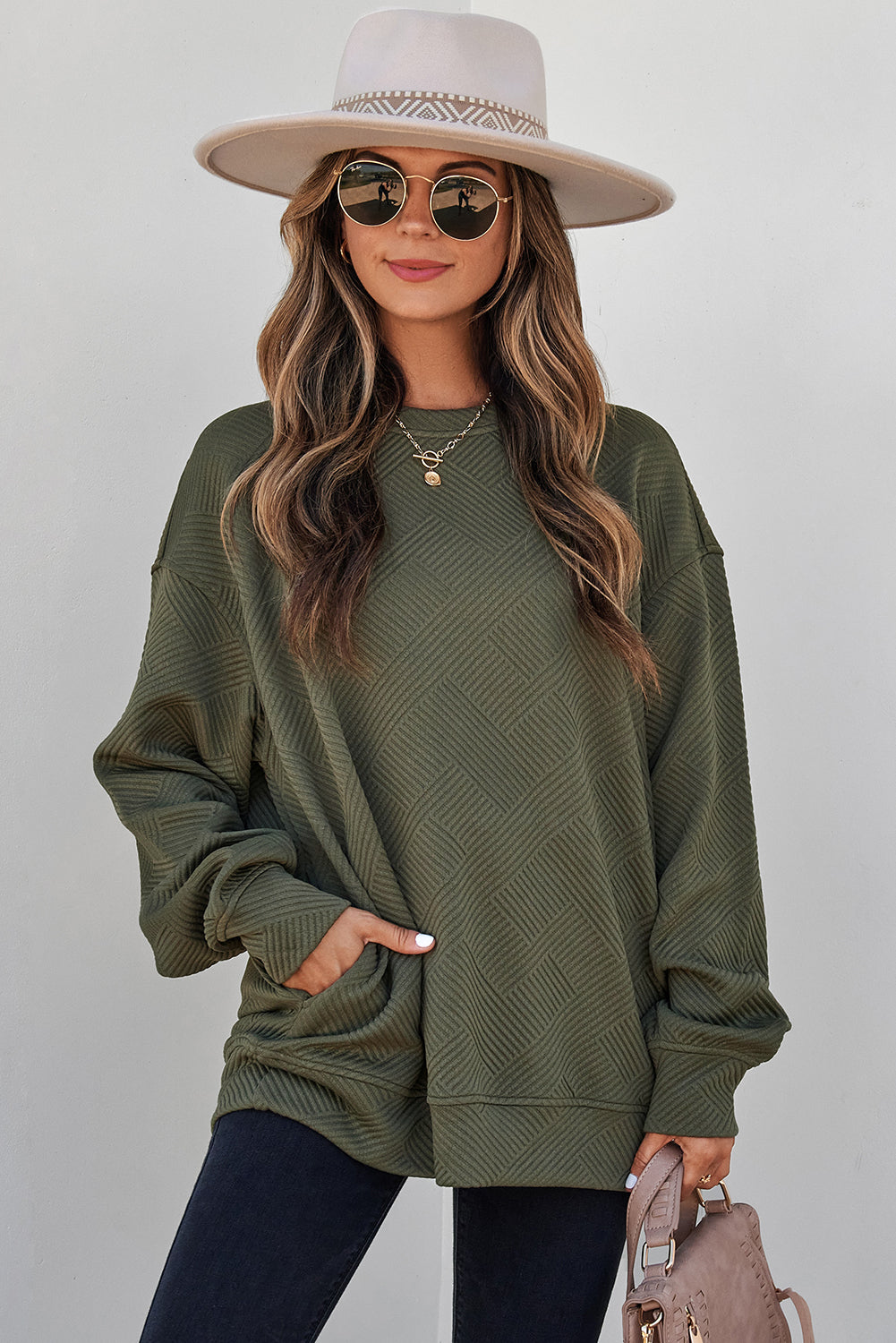 Jungle Green Solid Color Textured Round Neck Drop Shoulder Pullover Sweatshirt