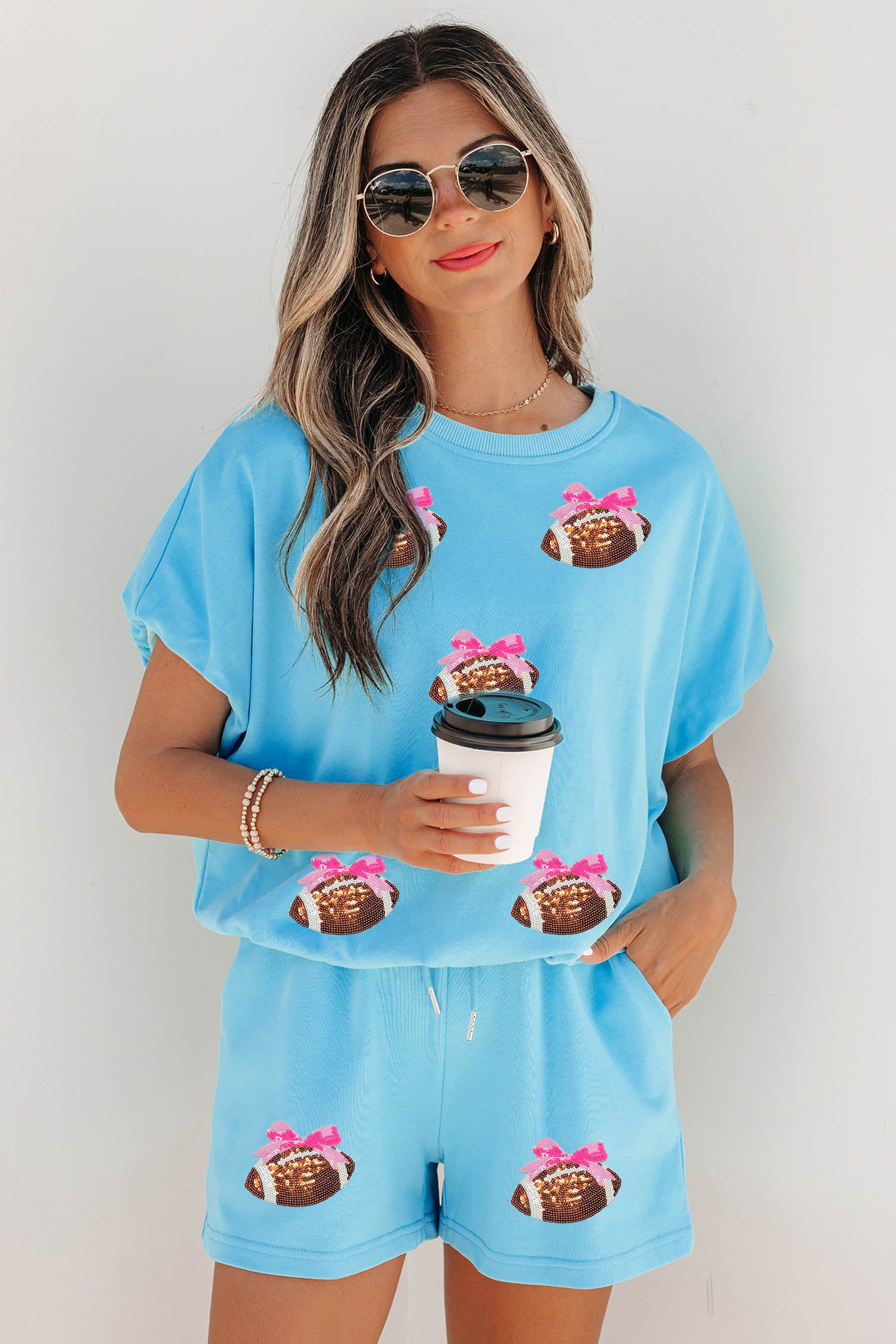 Light Blue Sequin Bow Rugby Pattern Short Sleeve Loose Two Piece Set