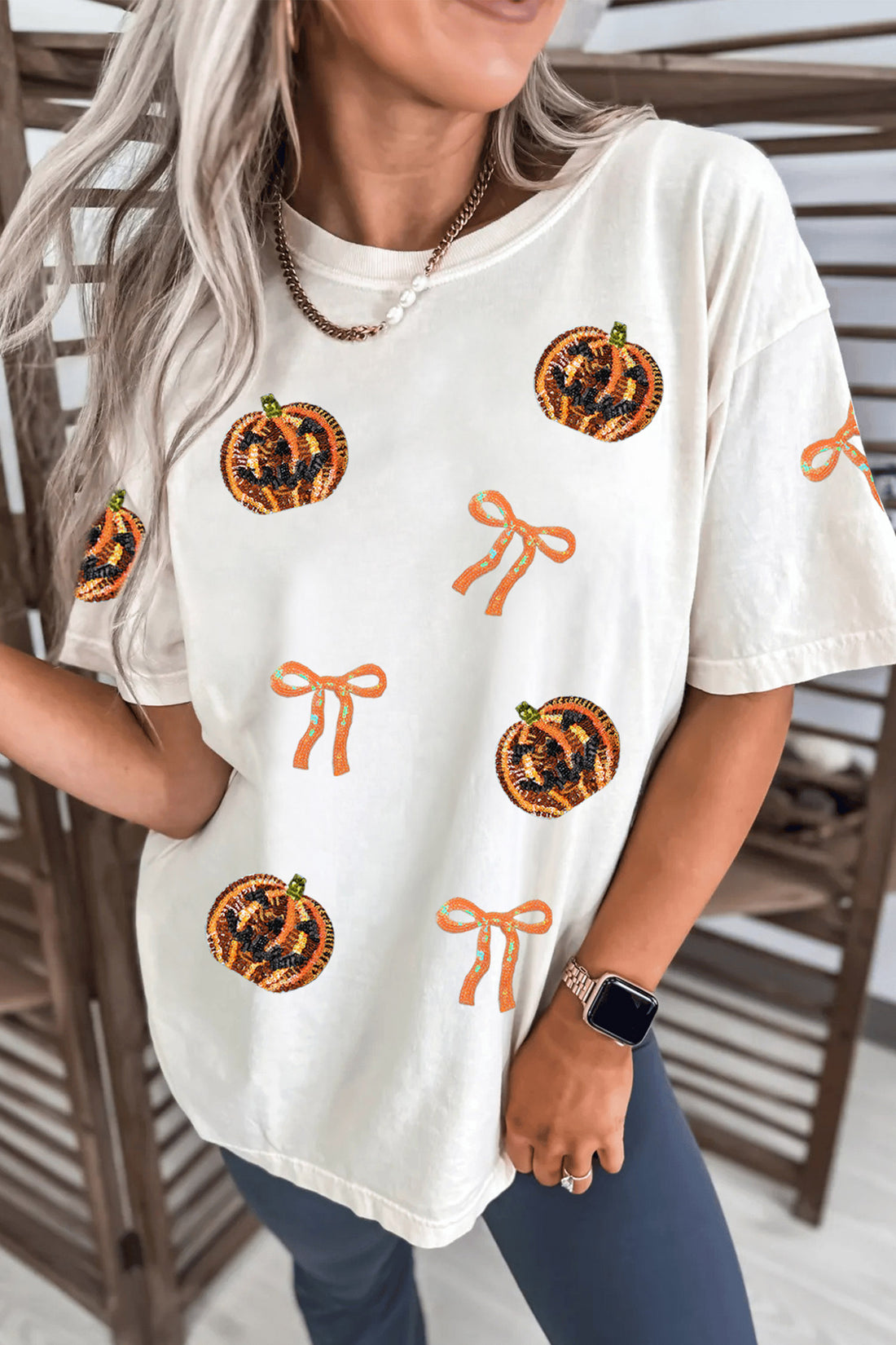 White Sequin Pumpkin Face Bow Halloween Graphic T Shirt
