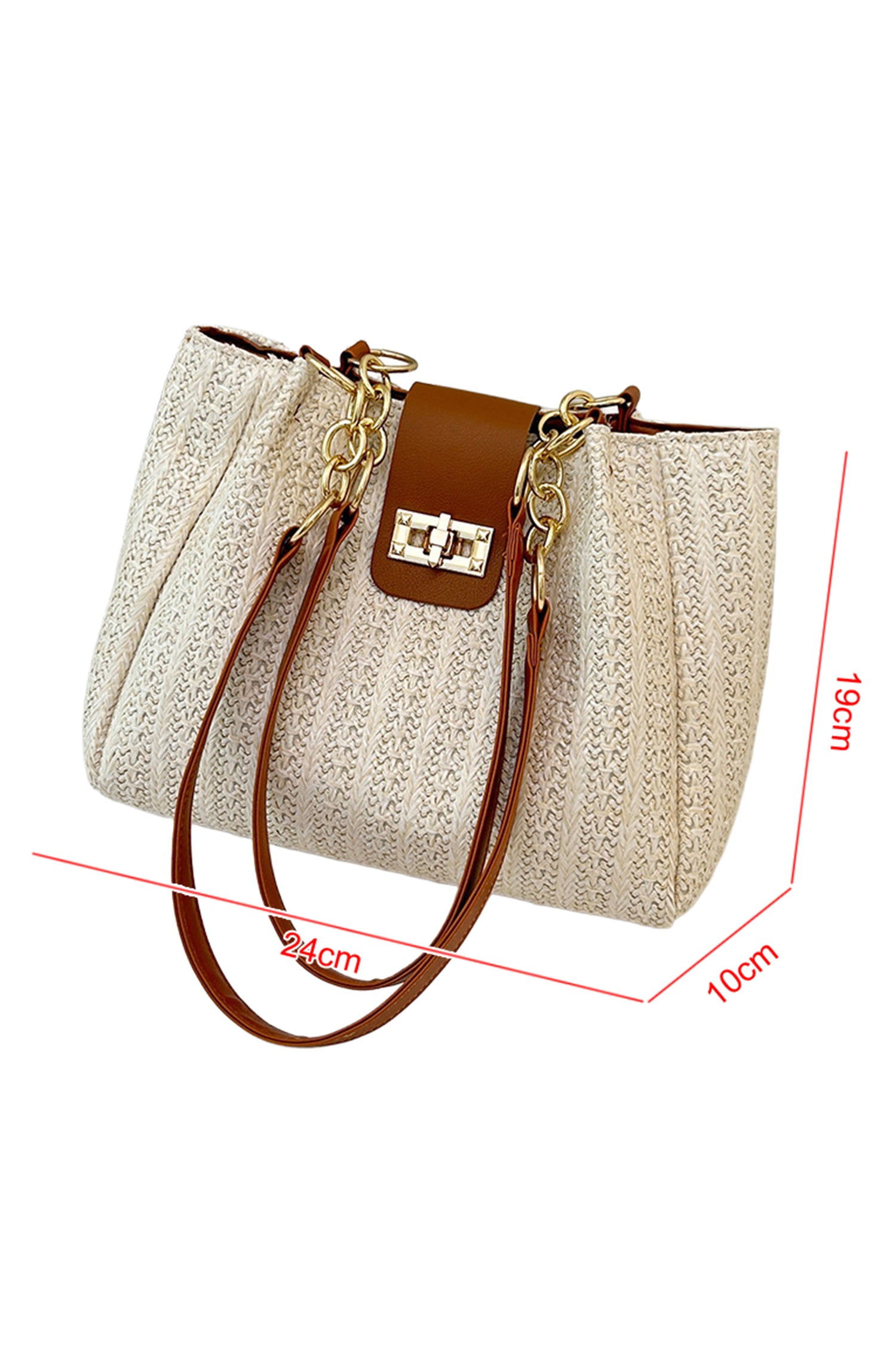 Coffee PU Leather Chain Handle Woven Textured Knit Tote Bag