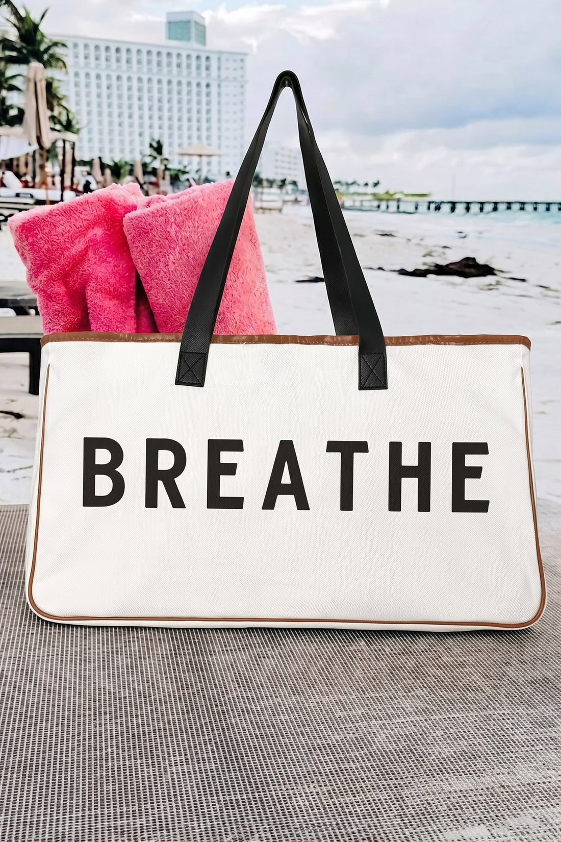 White Canvas BREATHE Print Summer Beach Tote Bag