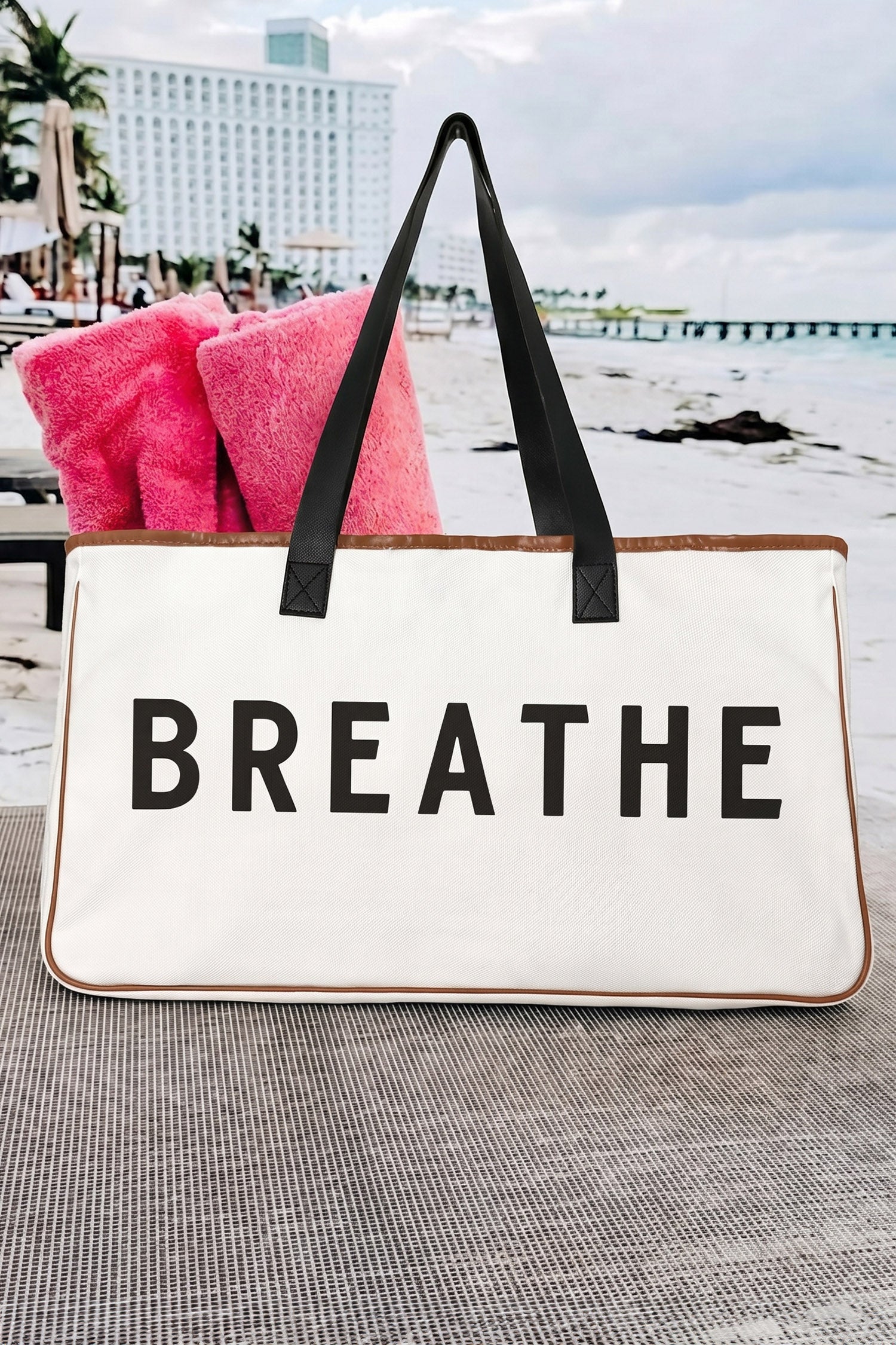White Canvas BREATHE Print Summer Beach Tote Bag