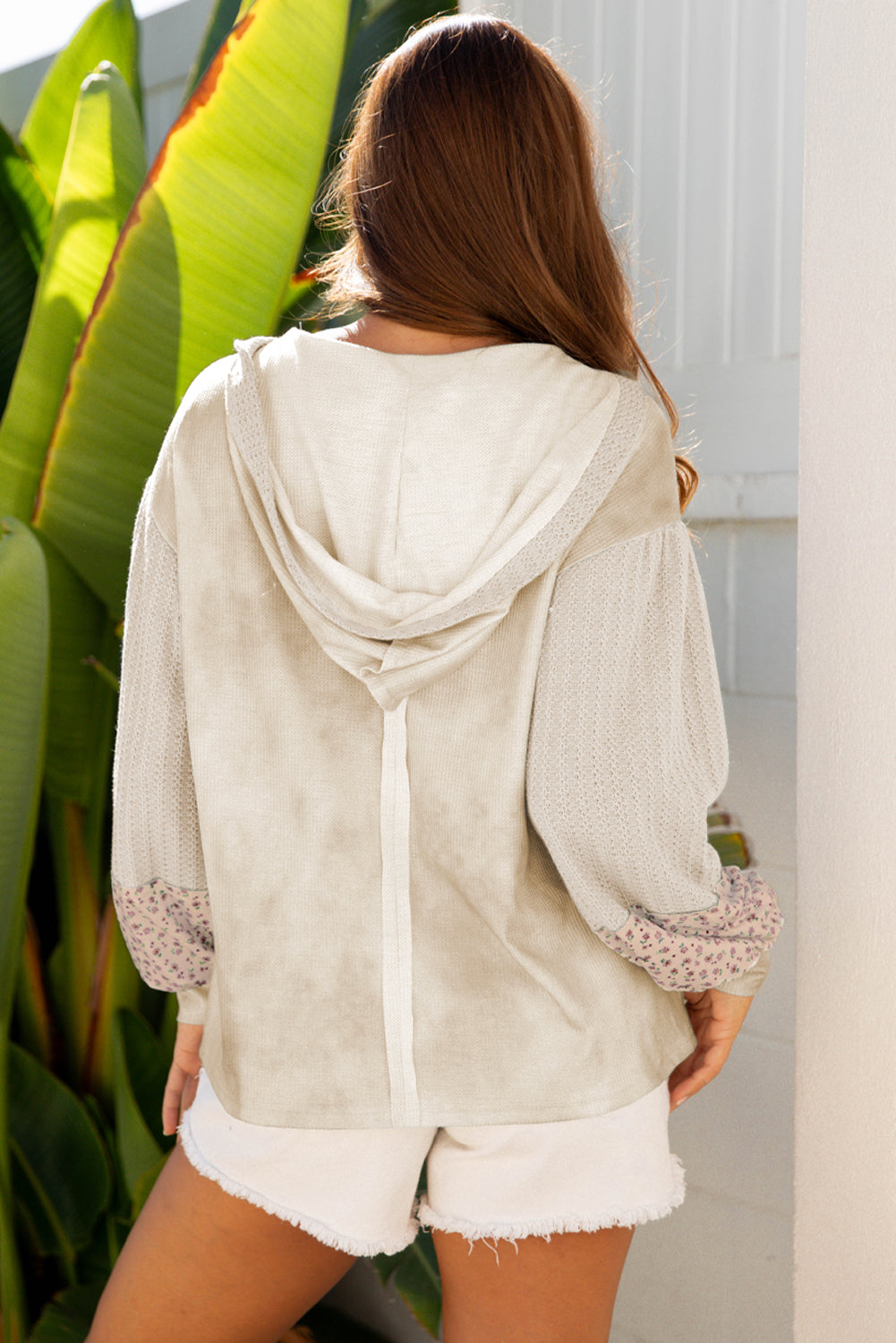 Beige Floral Patched Waffle Textured Colorblock V Neck Casual Hooded Top