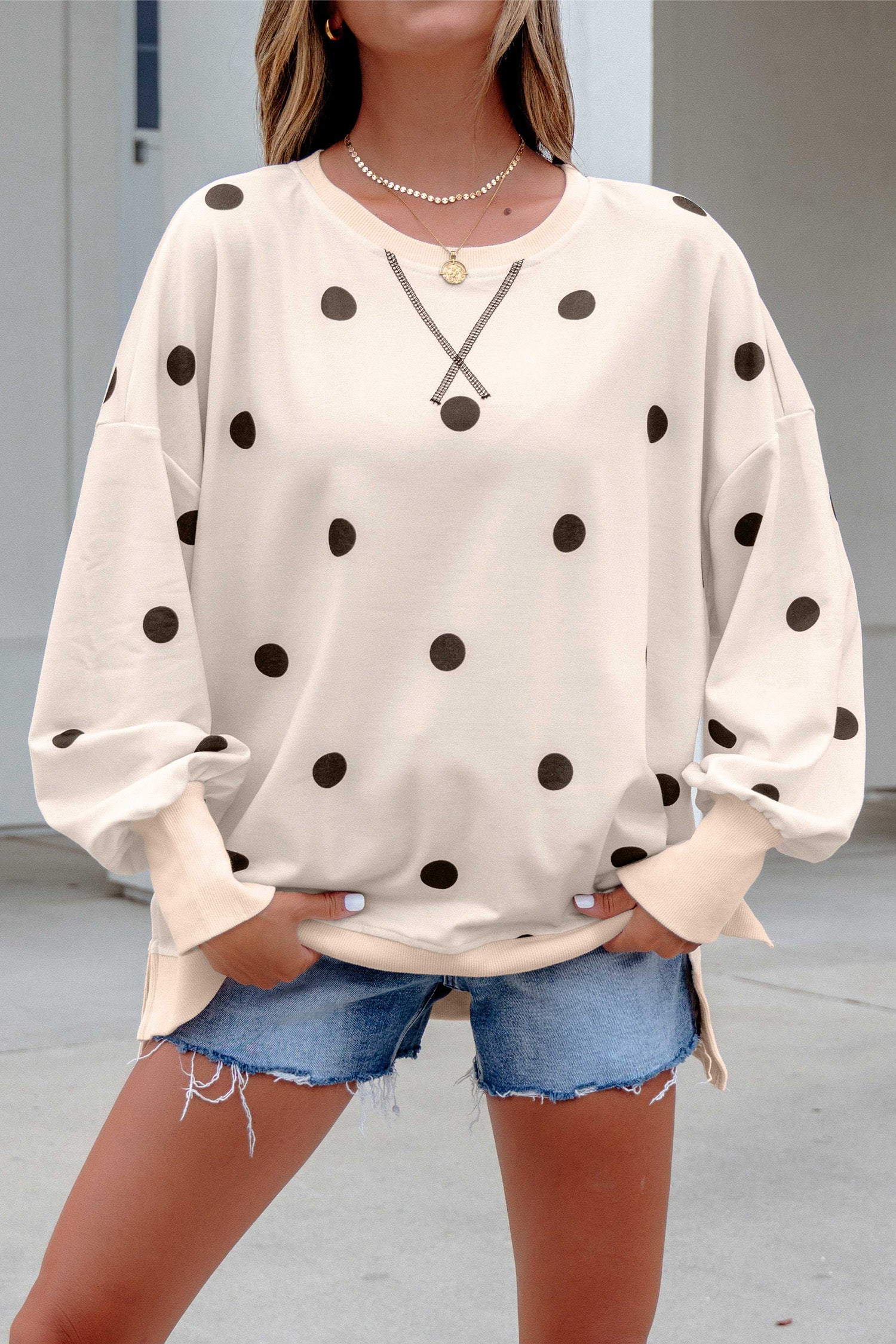 Beige Polka Dot Loose Long Sleeve Split Hem Pullover Top