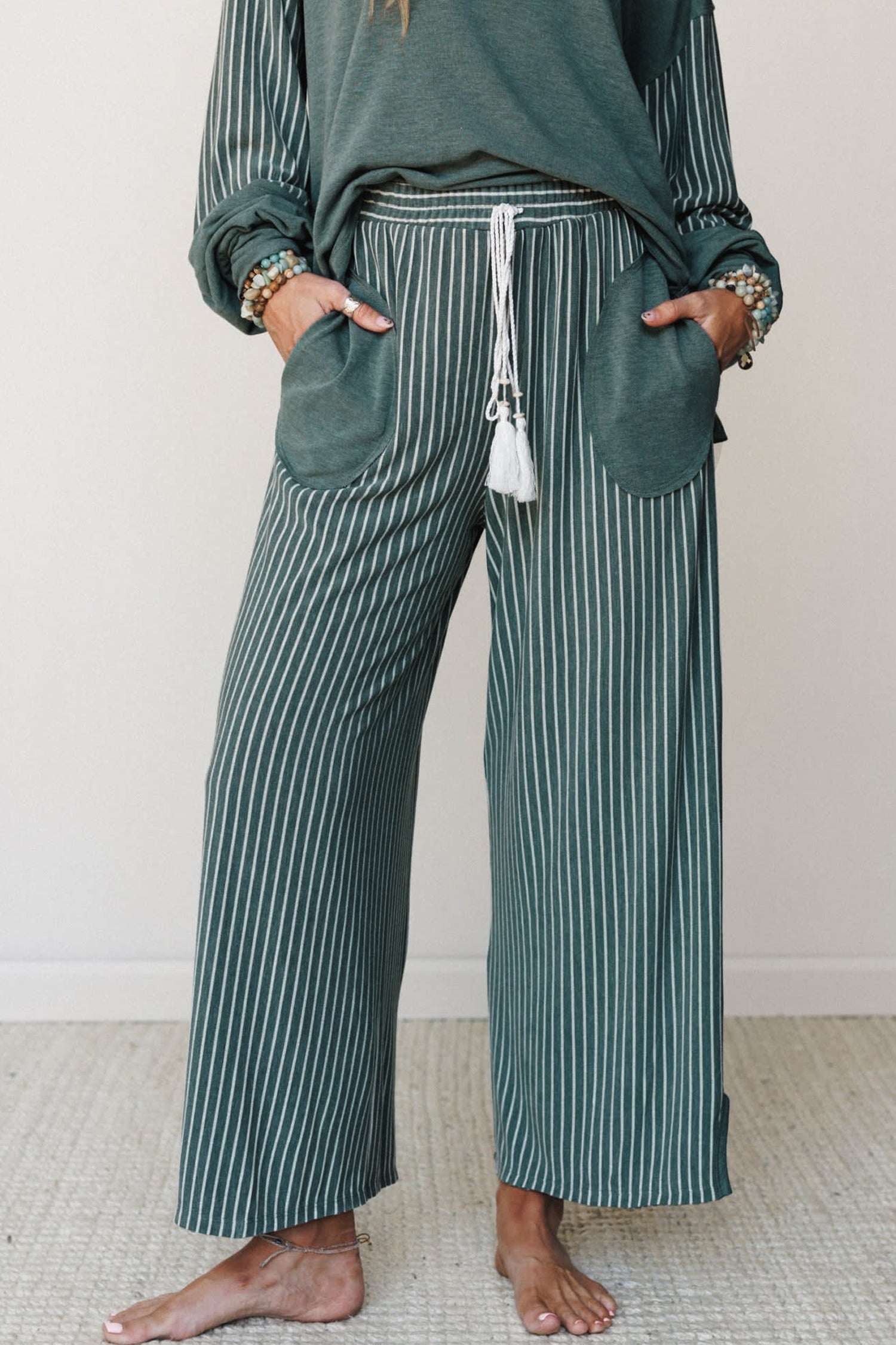 Green Bay Raw Seam Patchwork Long Sleeve Top Pocket Casual Pants 2pcs Set
