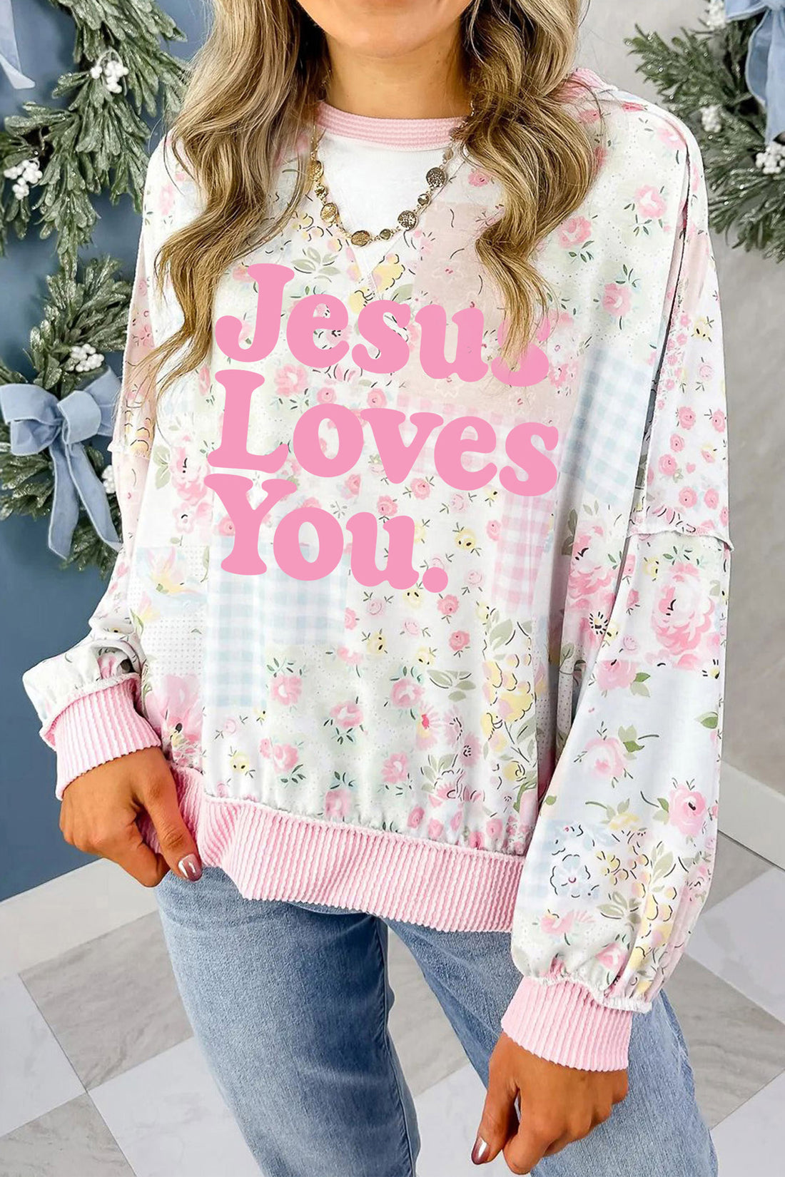 Pink Casual Jesus Loves You Mixed Floral Print Patchwork Pullover Top