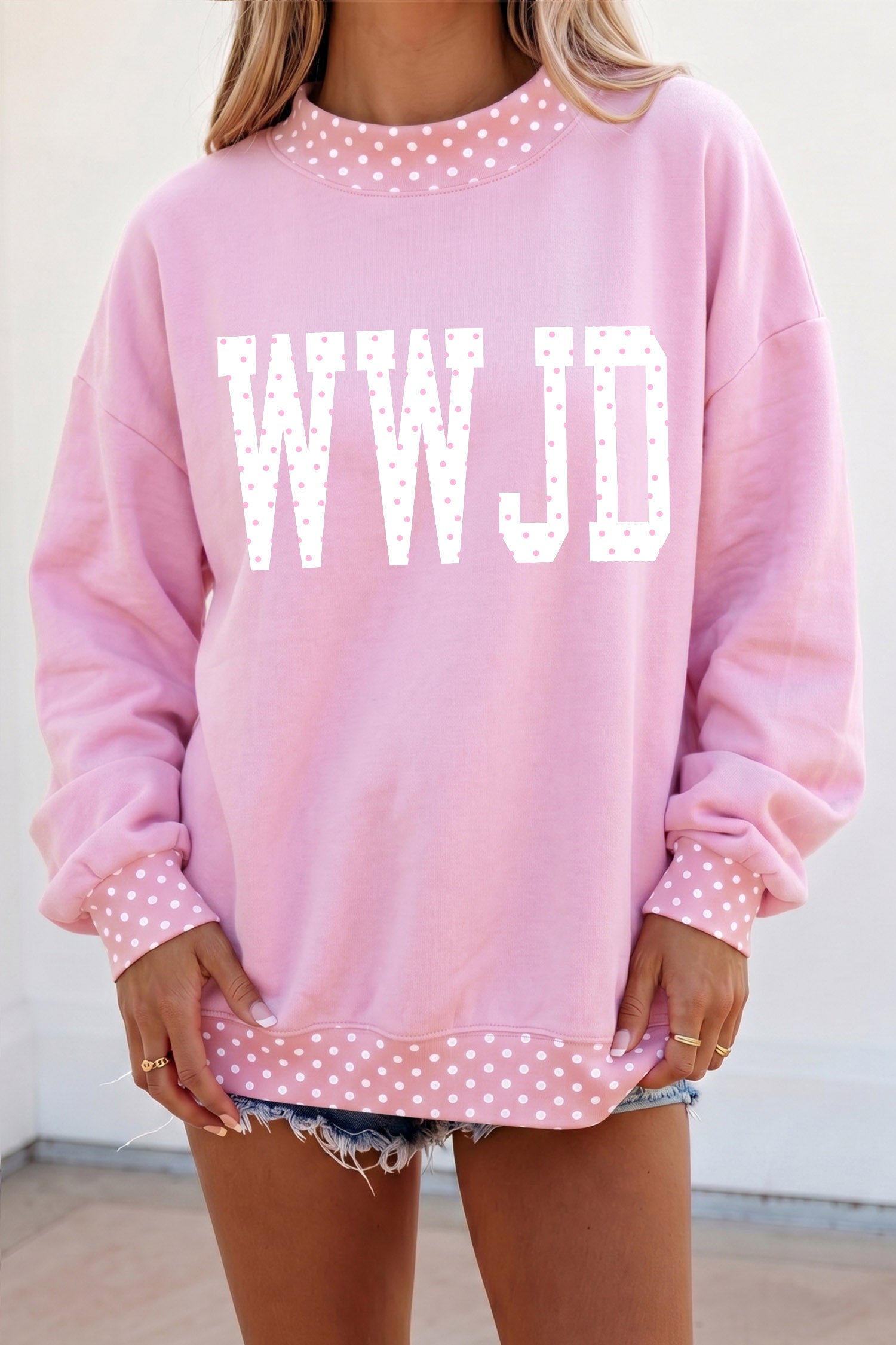 Pink Polka Dot Letter Print Mock Neck Pullover Sweatshirt