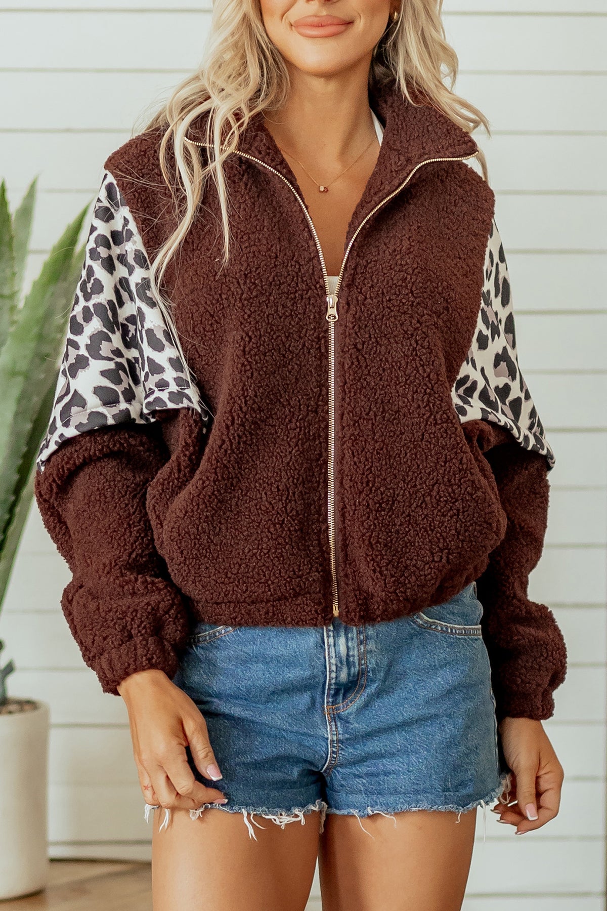 Coffee Leopard Patchwork Fleece Western Style Zip-up Collar Jacket