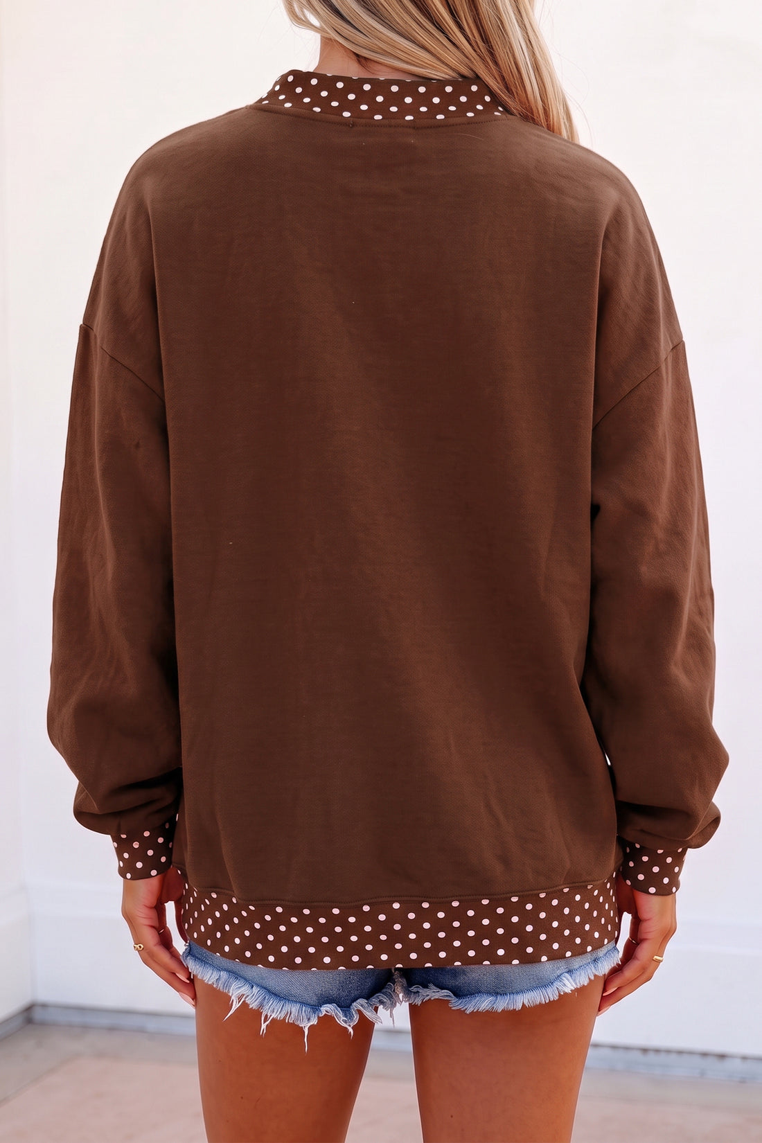 Brown HOWDY Contrast Polka Dot High Neck Western Baggy Pullover Sweatshirt
