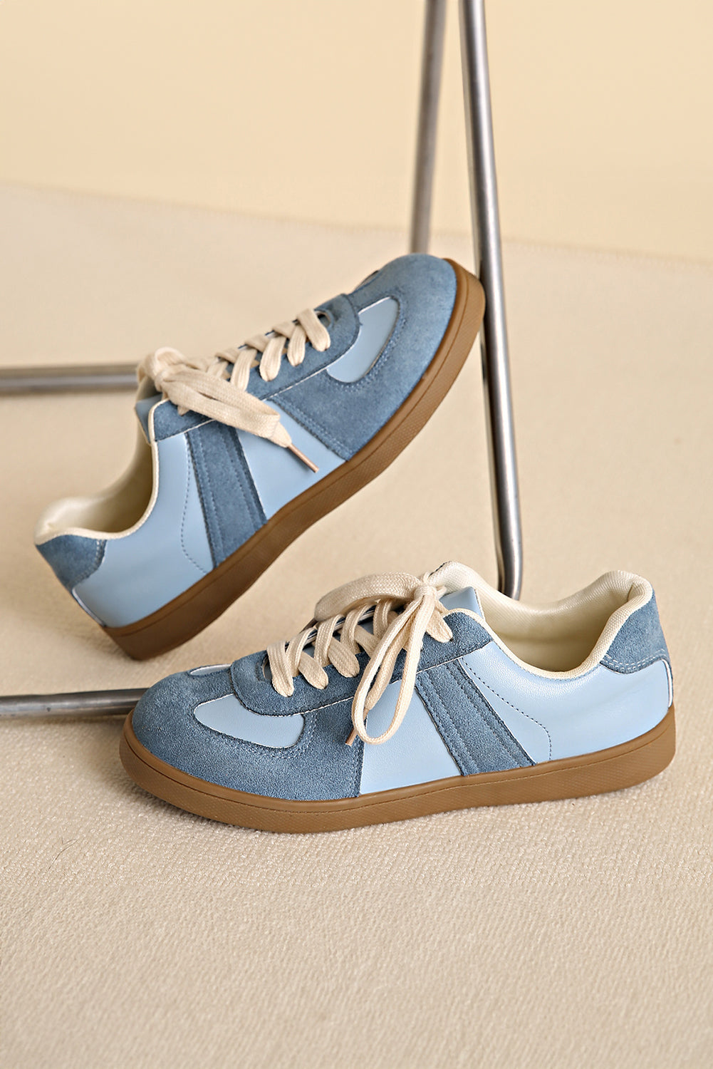Dusk Blue Two Tone Faux Suede Leather Patched Lace-up Sneakers
