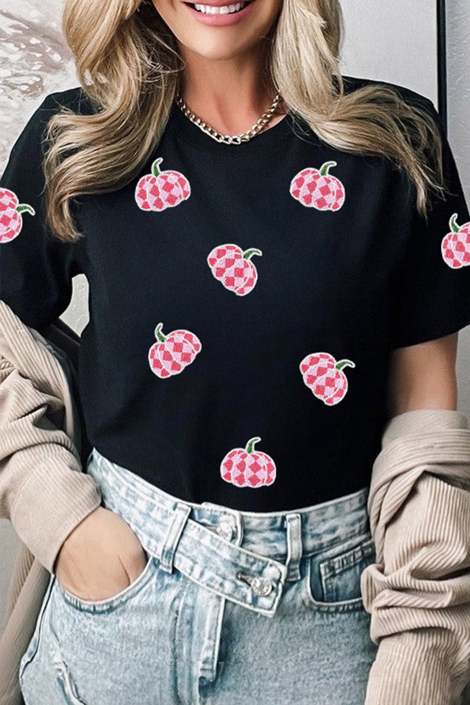 Black Sequin Plaid Pumpkin Graphic Round Neck T Shirt