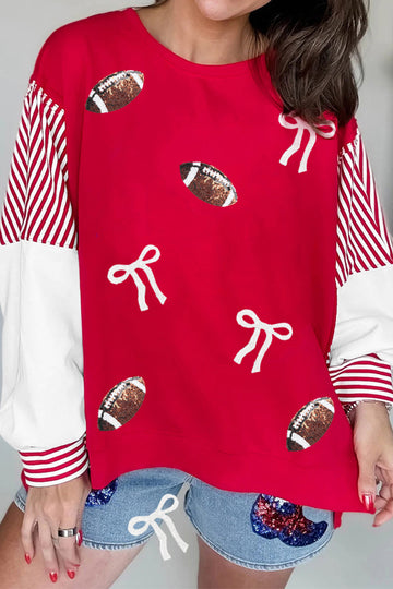 Fiery Red Sequin Rugby Bow Print Striped Color Block Sleeve Patchwork Graphic Sweatshirt