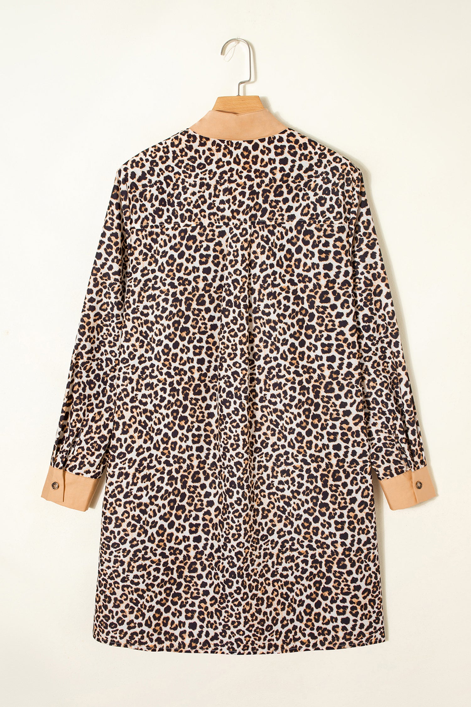Khaki Button Striped Collar Leopard Print Long Sleeve Flared Dress