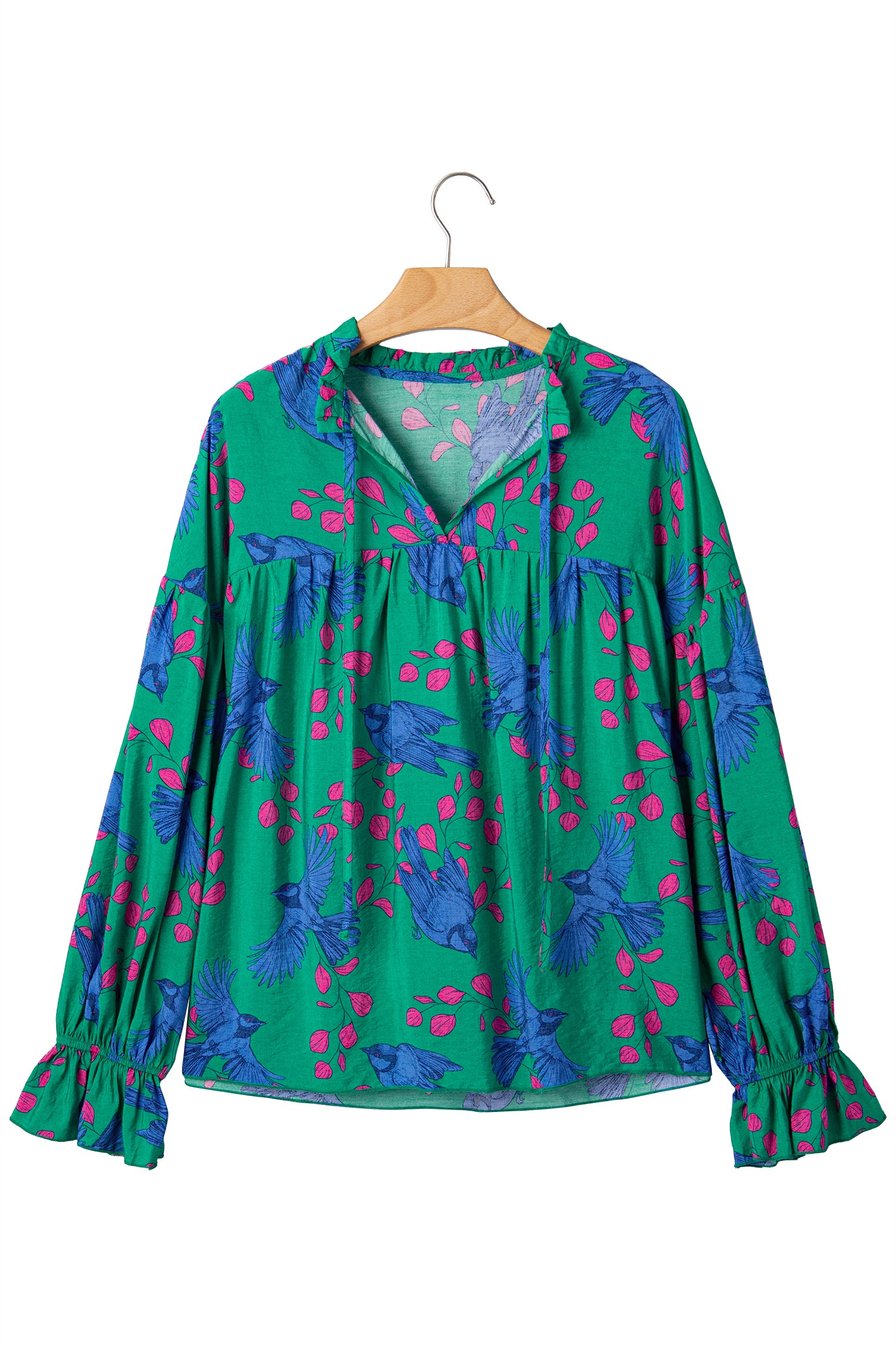 Green Abstract Print V Neck Flounced Puff Sleeve Blouse