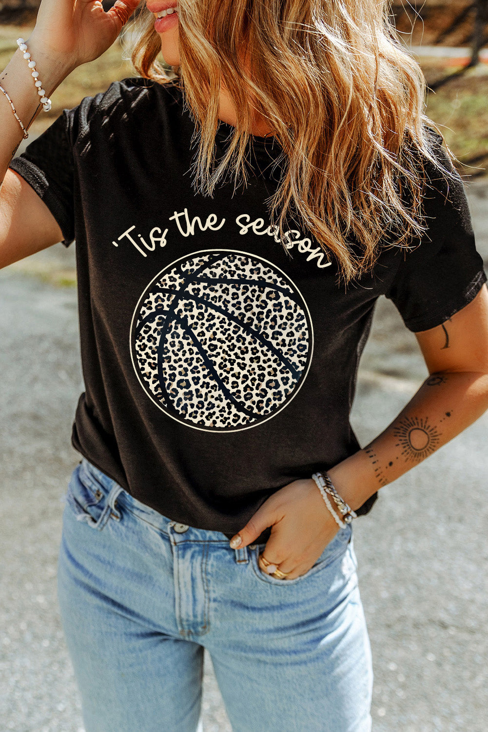 Black Leopard Basketball Printed Crew Neck Tee