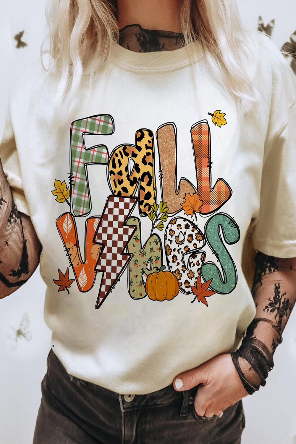 White FALL VIBES Cotton Blend Casual T Shirt