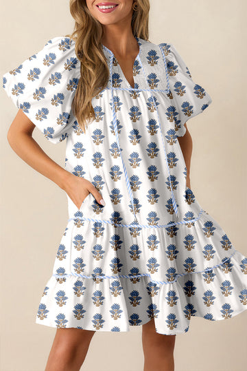 Sky Blue Floral Puff Sleeve Tied Neck Pocketed Mini Dress