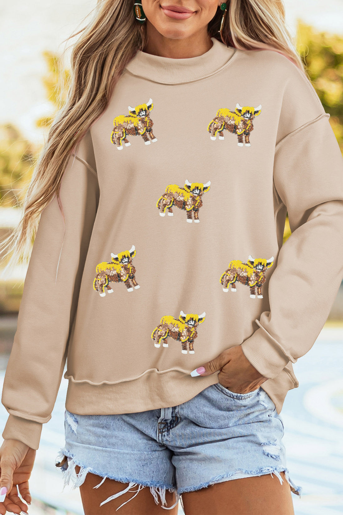 Apricot Western Sequin Highland Cow Print Mock Neck Graphic Sweatshirt